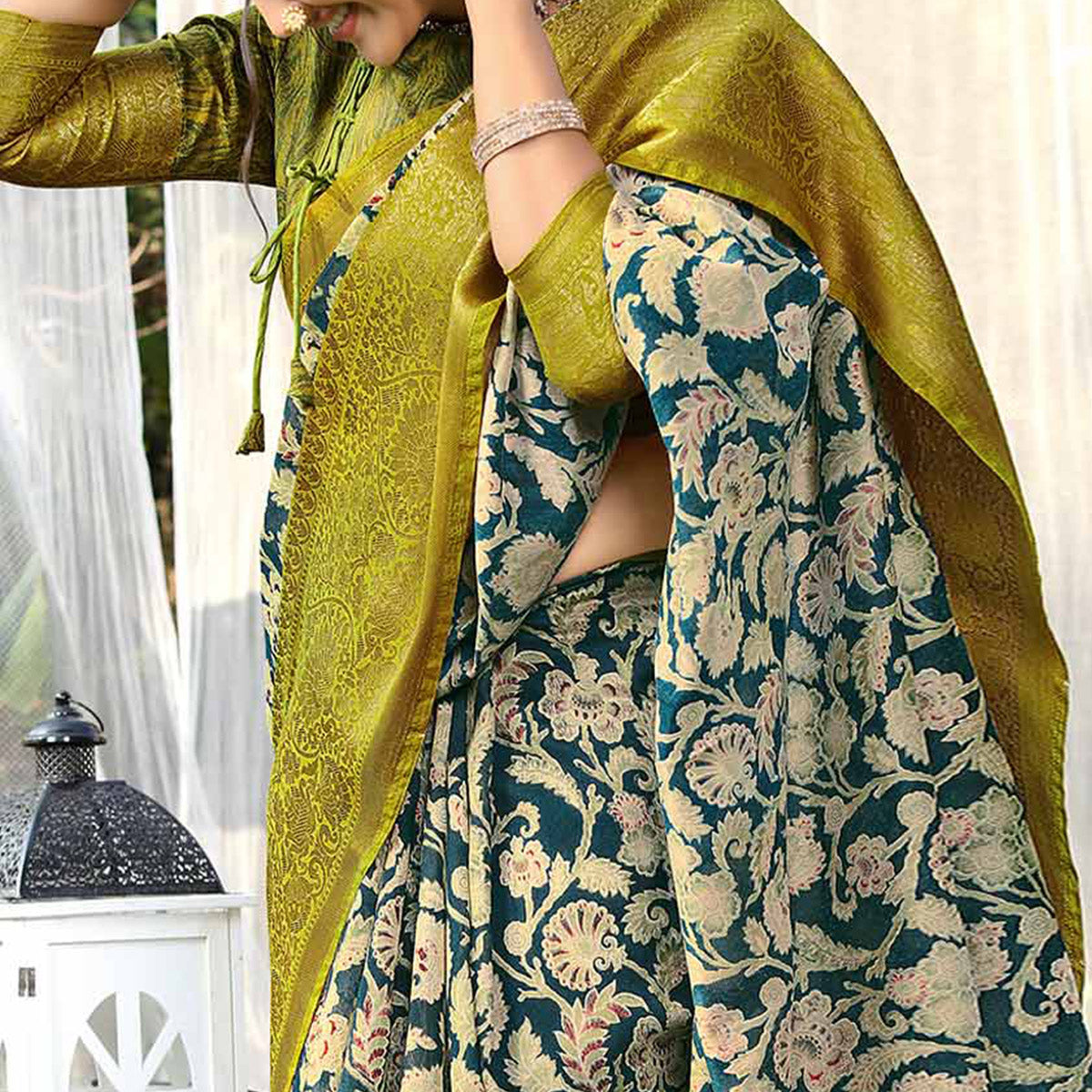 Teal & Green Printed With Woven Border Pure Cotton Saree