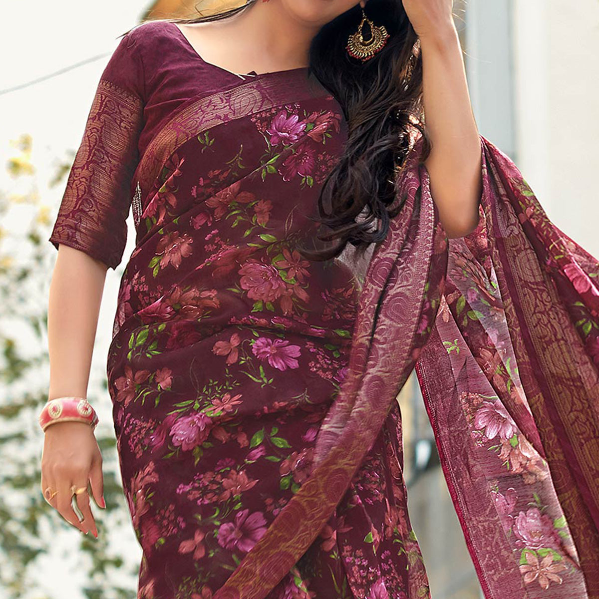 Wine Printed With Woven Border Pure Cotton Saree