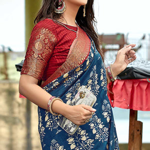 Blue Printed With Woven Border Pure Cotton Saree