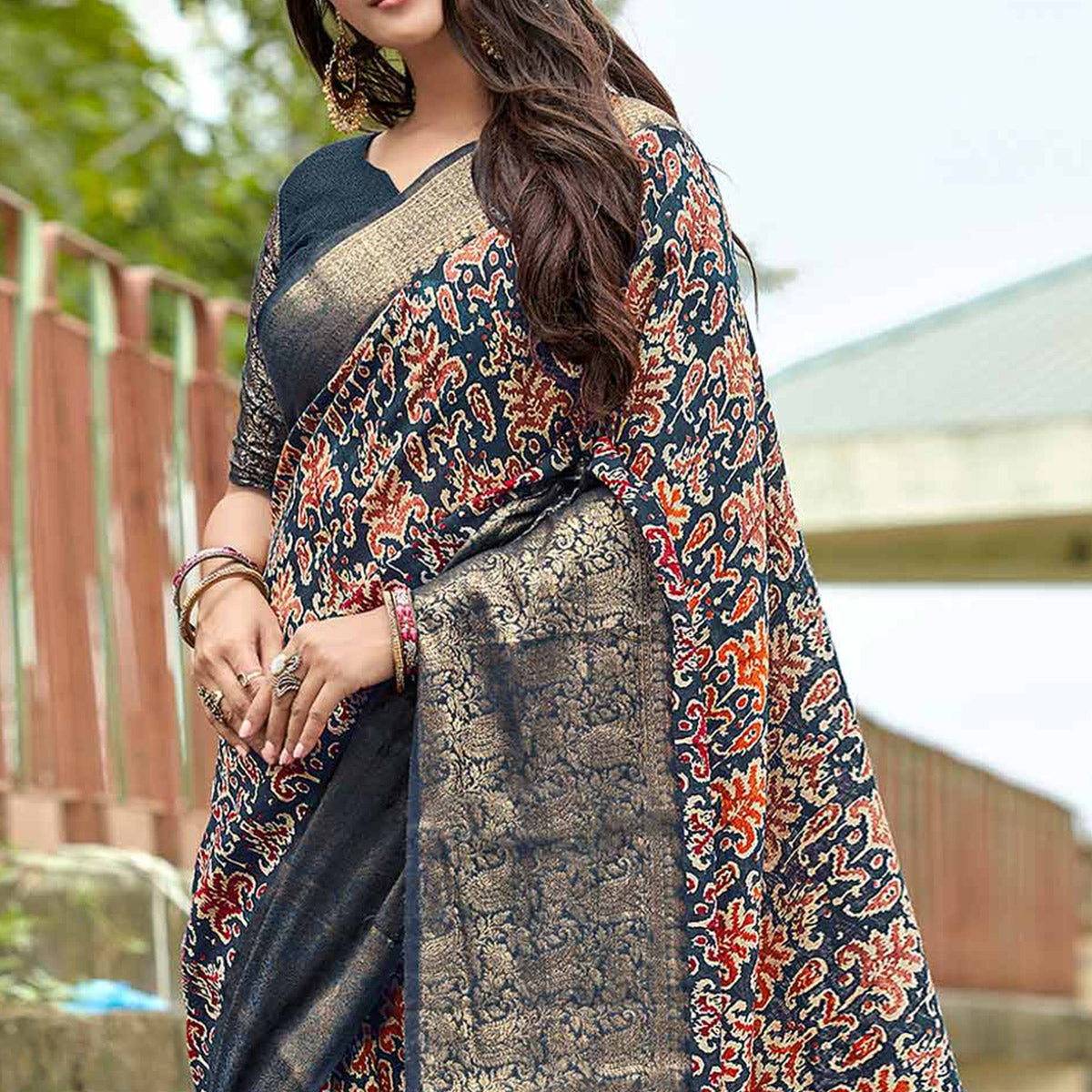 Blue Printed With Woven Border Pure Cotton Saree