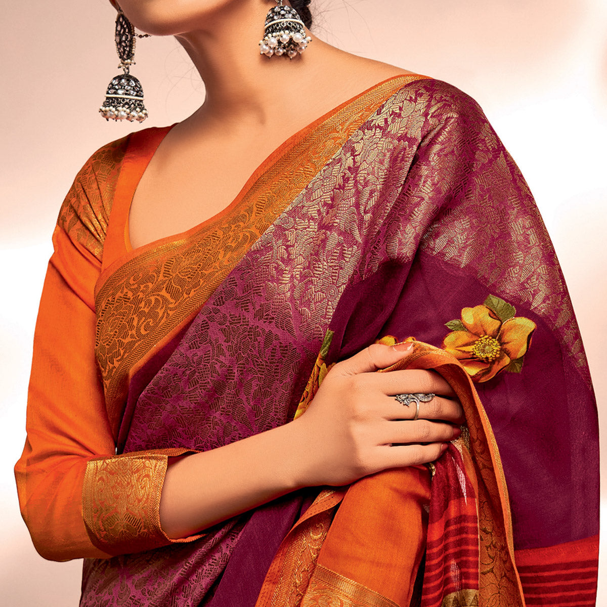 Wine Floral Printed With Woven Cotton Silk Saree