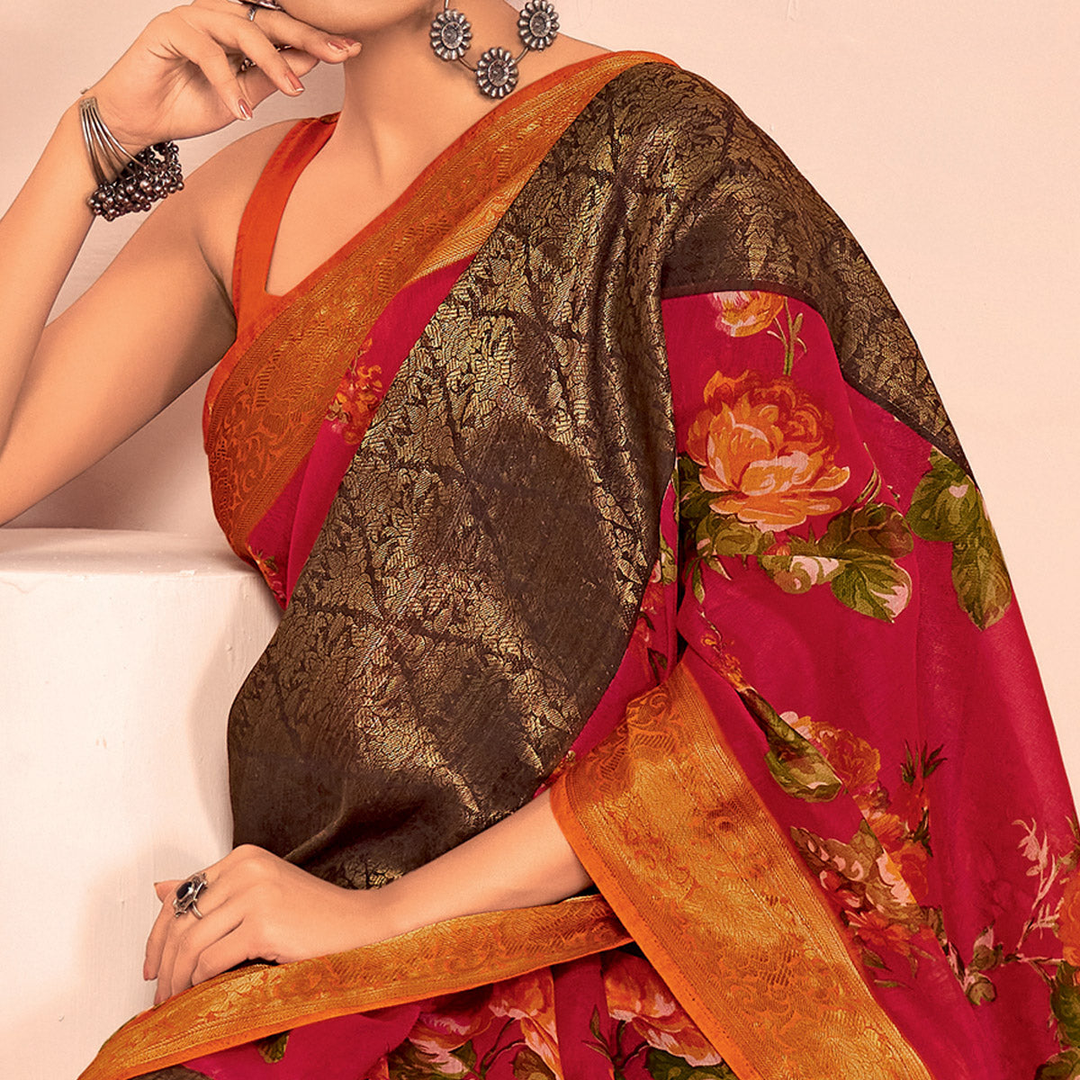Pink Floral Printed With Woven Cotton Silk Saree