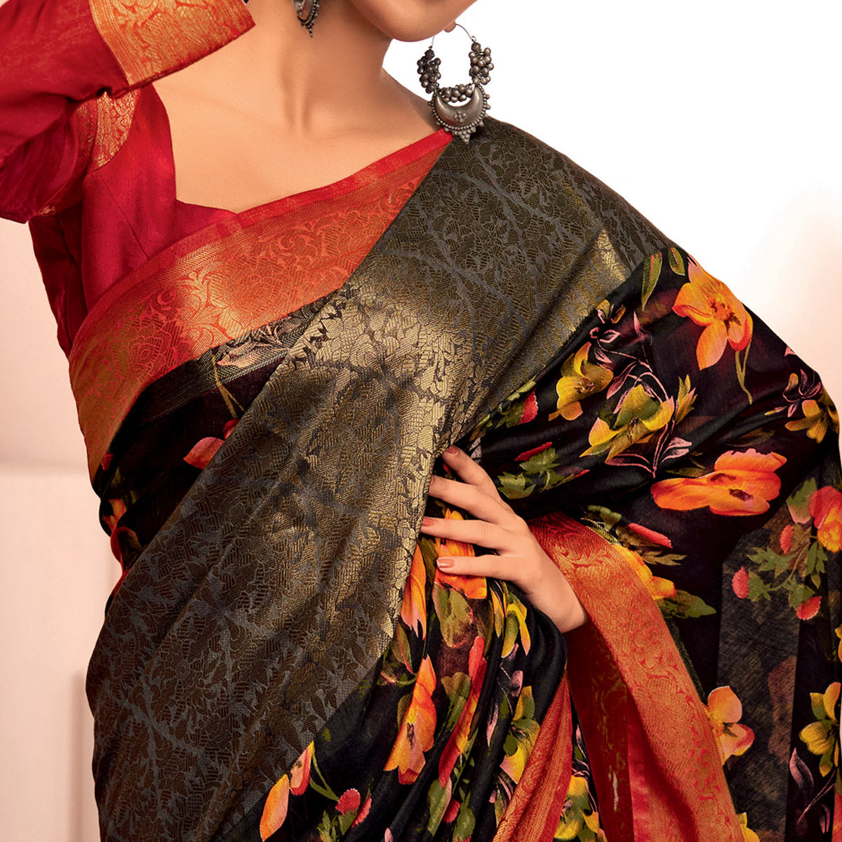 Black Floral Printed With Woven Cotton Silk Saree