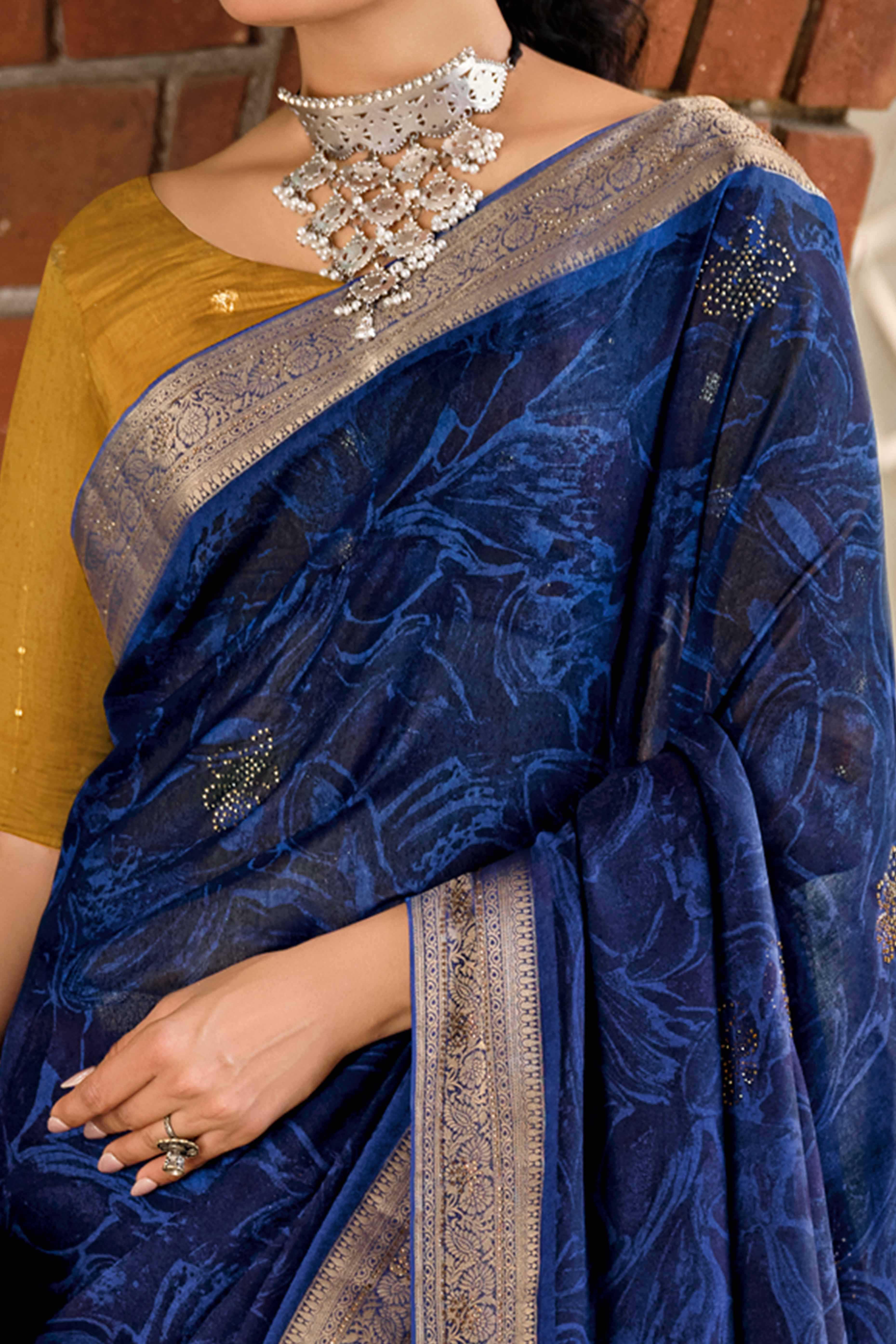 Navy Blue Abstract Printed Georgette Saree Enhanced with Subtle and Shiny Stone Work