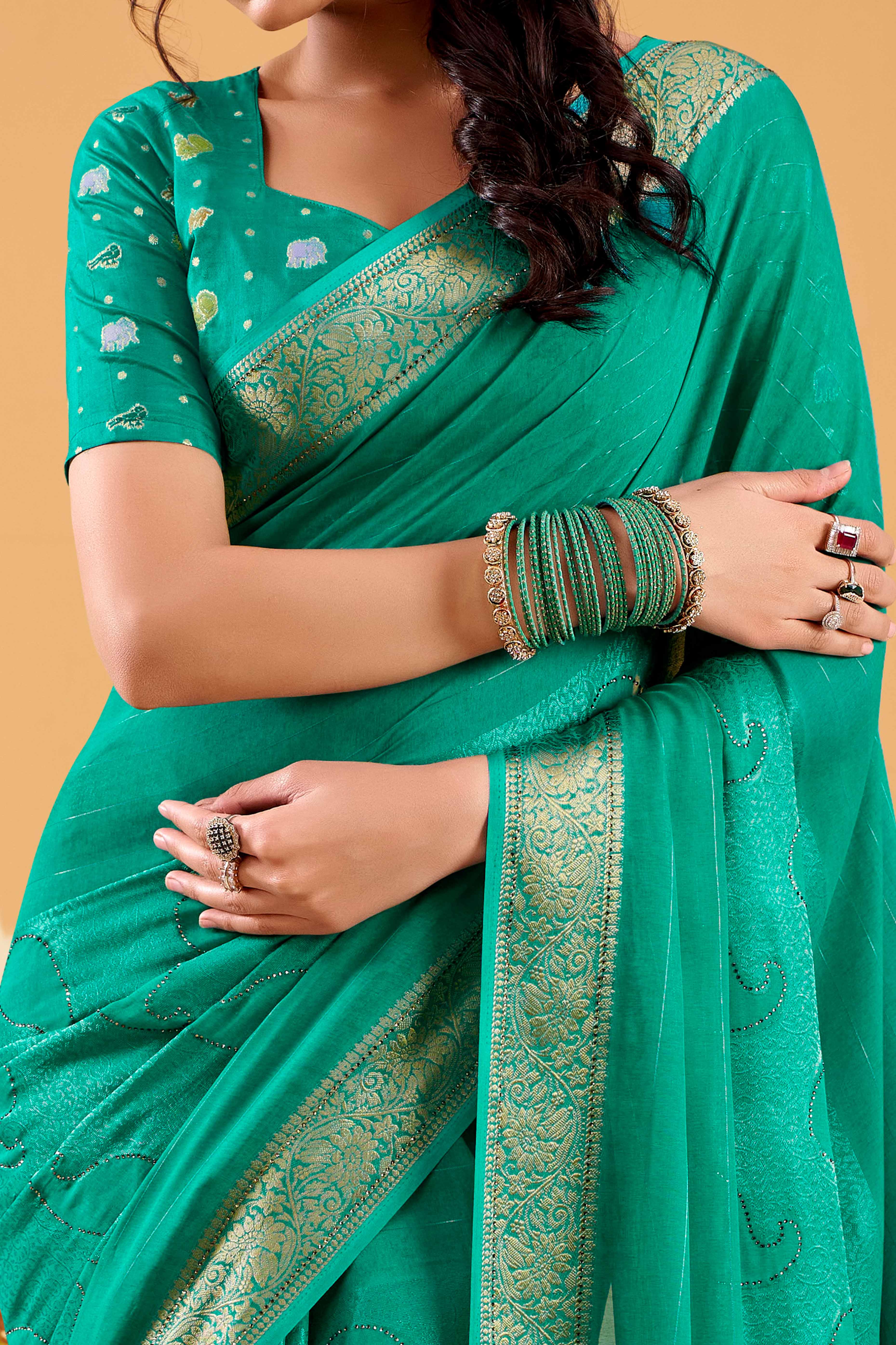 Rama Green Jacquard Saree Featuring Swarovski Embellishments With Rich Paisley & Floral Weave