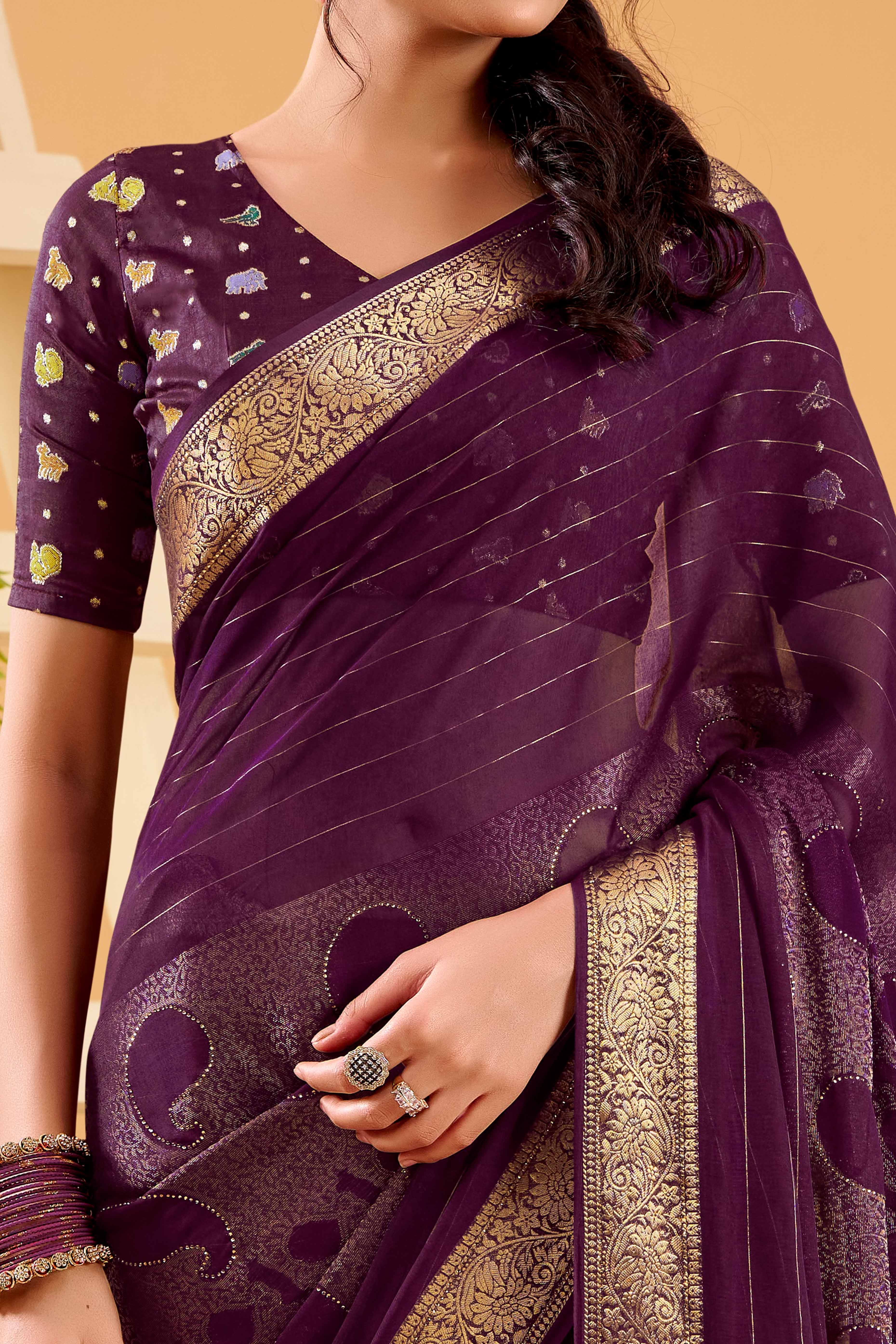 Wine Jacquard Saree Featuring Swarovski Embellishments With Rich Paisley & Floral Weave