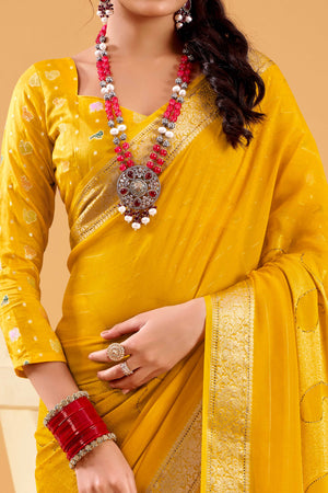 Yellow Jacquard Saree Featuring Swarovski Embellishments With Rich Paisley & Floral Weave