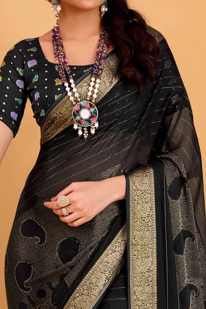 Black Jacquard Saree Featuring Swarovski Embellishments With Rich Paisley & Floral Weave
