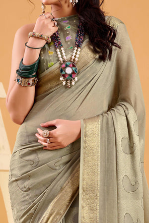 Grey Jacquard Saree Featuring Swarovski Embellishments With Rich Paisley & Floral Weave