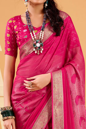 Rani Pink Jacquard Saree Featuring Swarovski Embellishments With Rich Paisley & Floral Weave