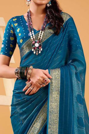 Blue Jacquard Saree Featuring Swarovski Embellishments With Rich Paisley & Floral Weave