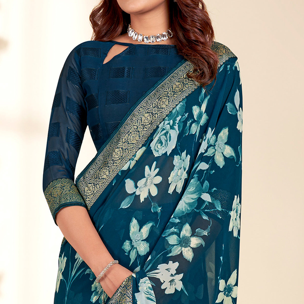 Teal Floral Printed Georgette Saree With Embroidered Border