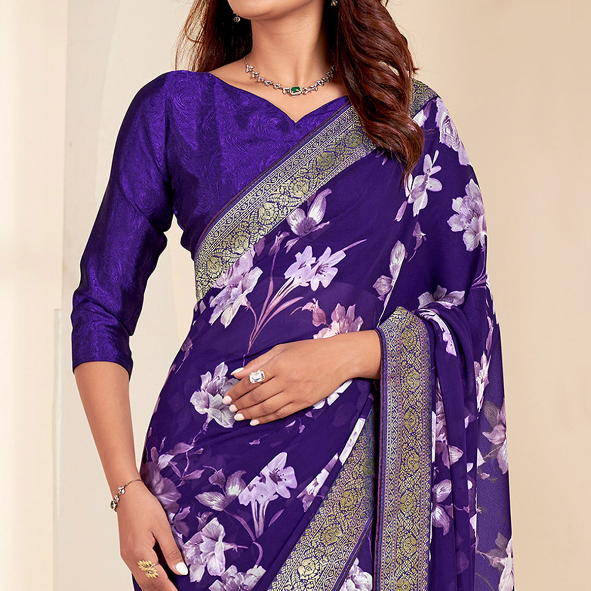 Purple Floral Printed Georgette Saree With Embroidered Border