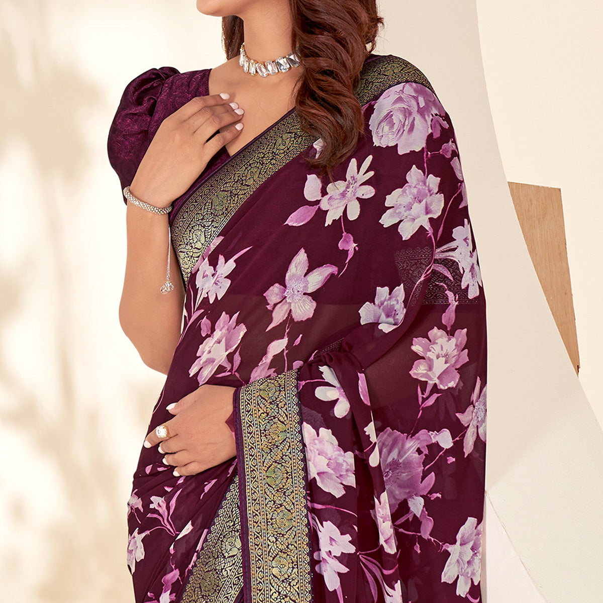 Wine Floral Printed Georgette Saree With Embroidered Border
