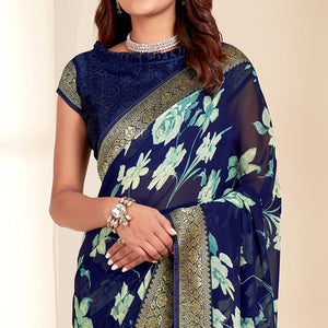 Blue Floral Printed Georgette Saree With Embroidered Border