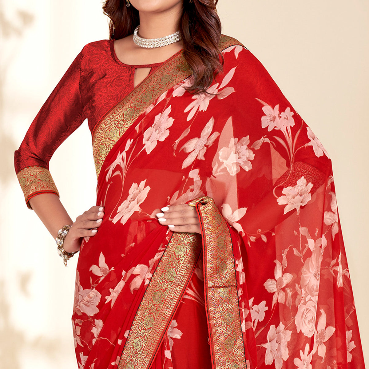 Red Floral Printed Georgette Saree With Embroidered Border