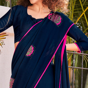 Blue Foil Printed Georgette Saree With Tassels