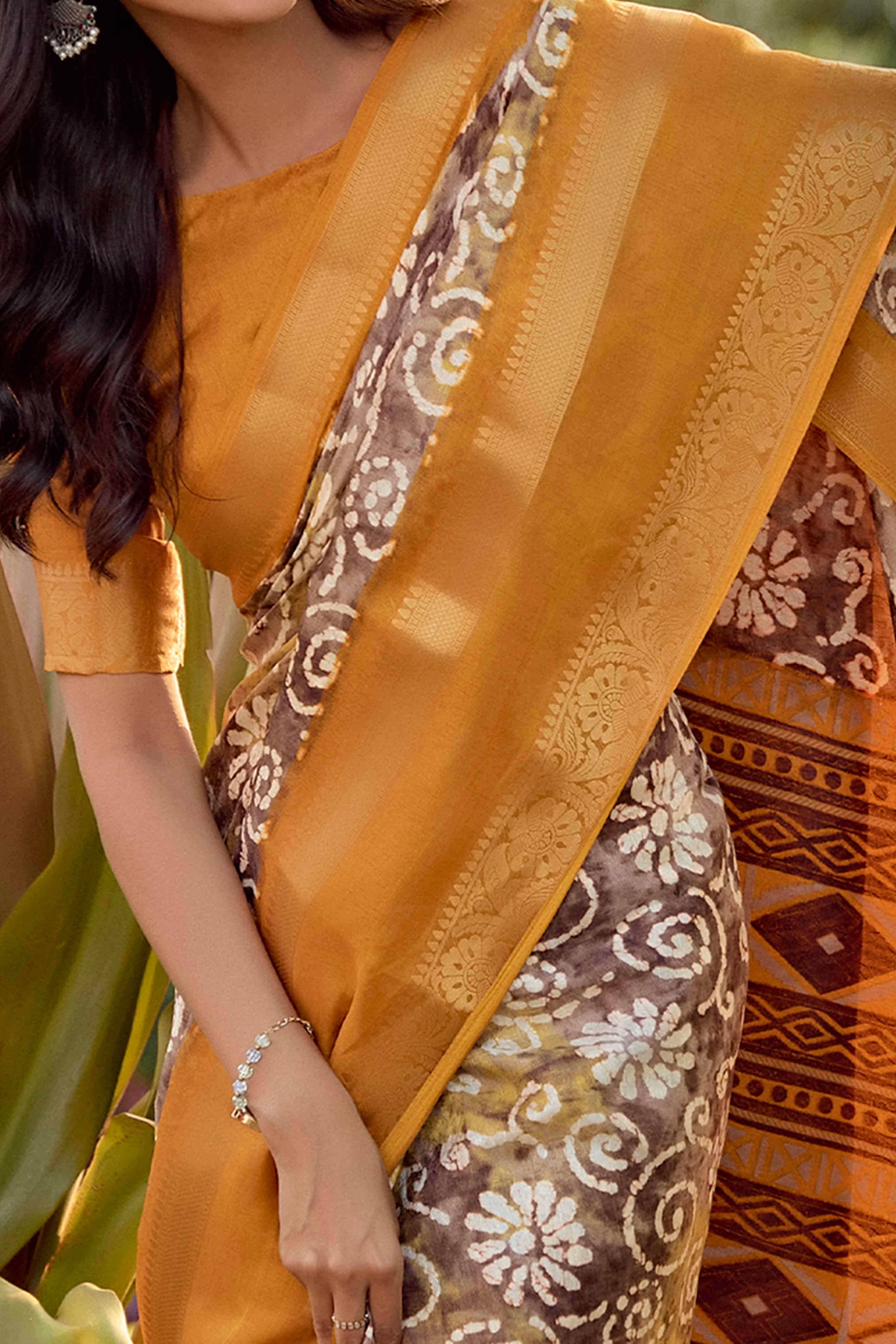 Brown Floral Printed Dola Silk Saree