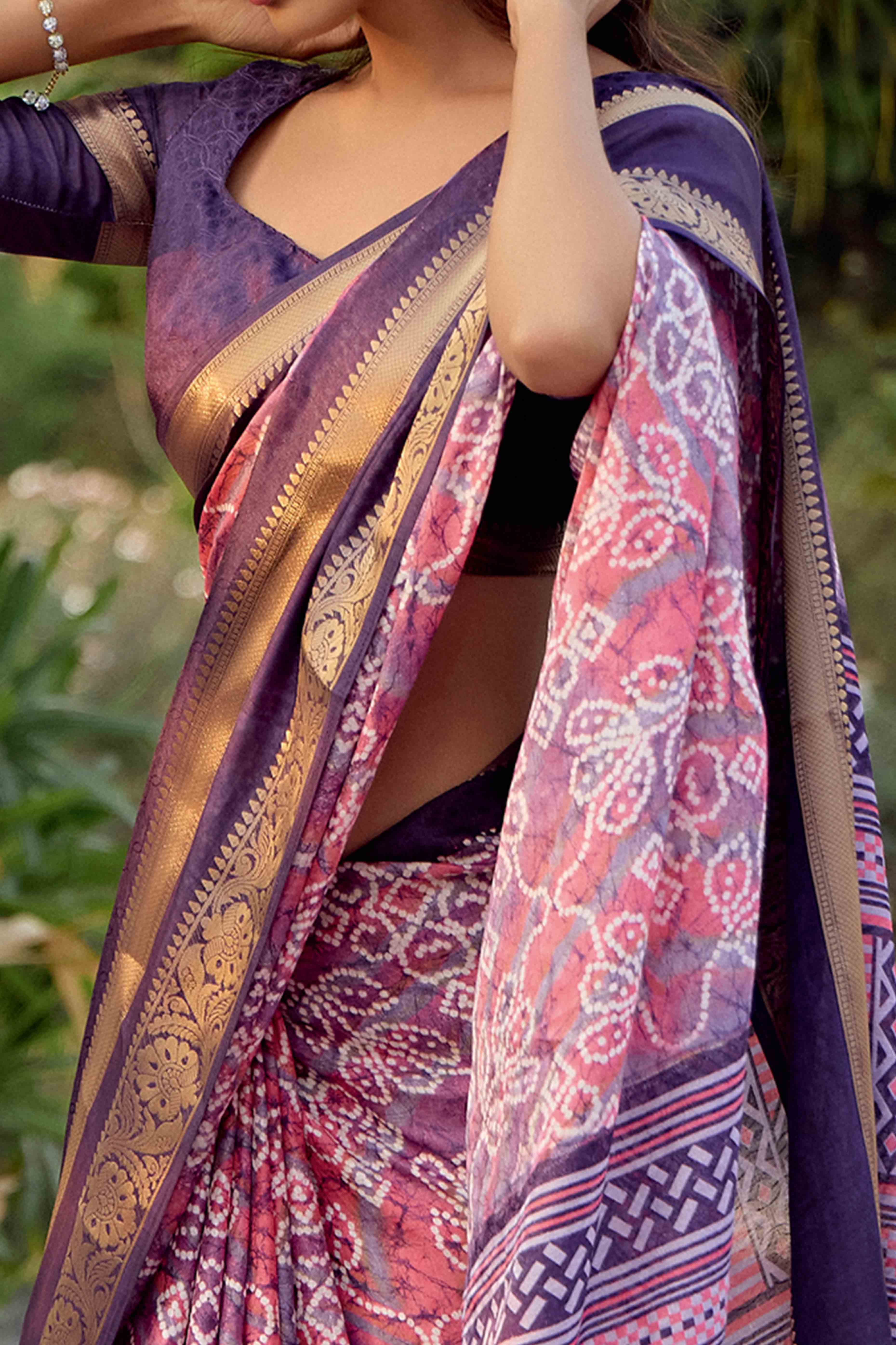 Lavender Bandhani Printed Dola Silk Saree