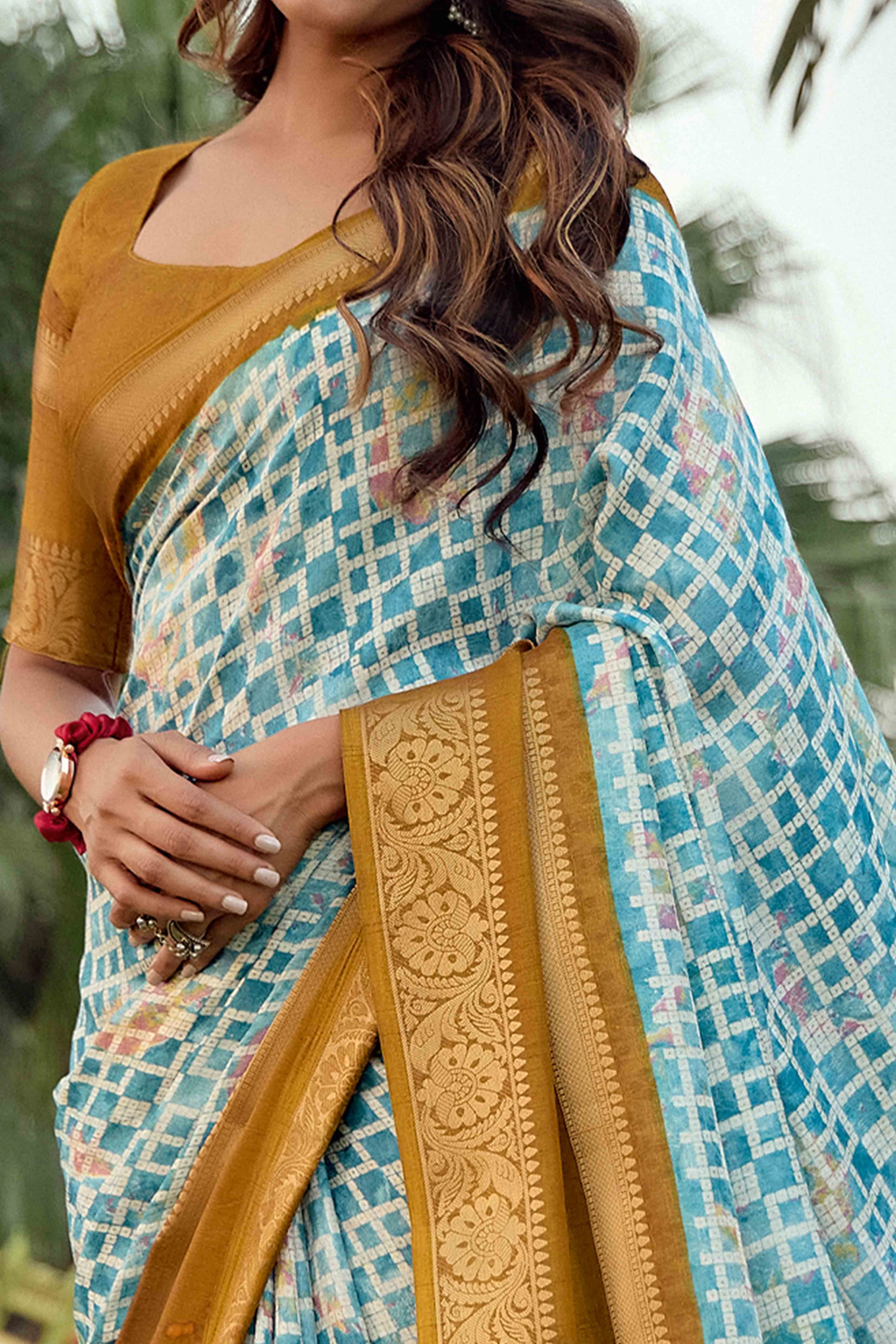 Sky Blue Geometric Printed Dola Silk Saree