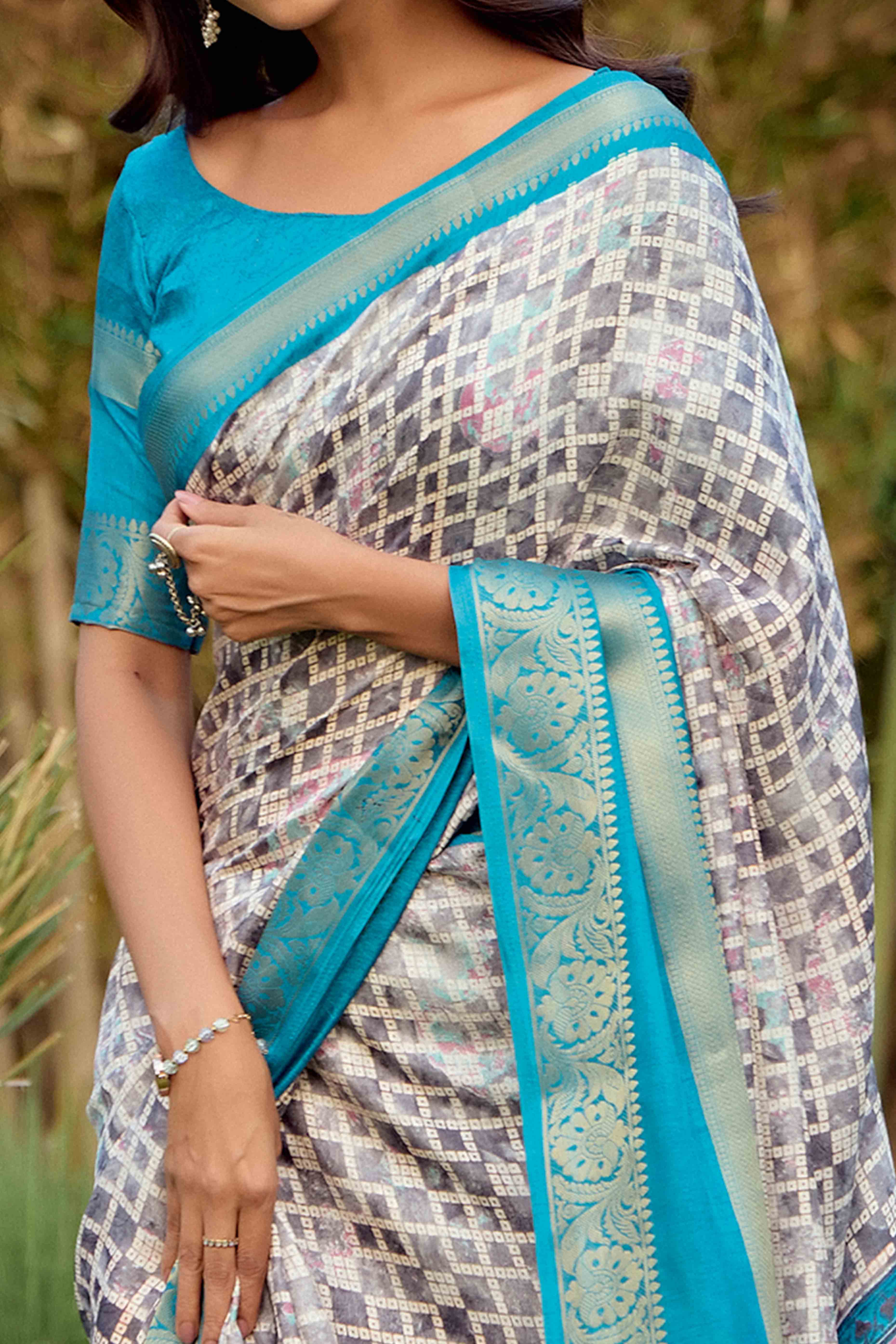 Grey Geometric Printed Dola Silk Saree