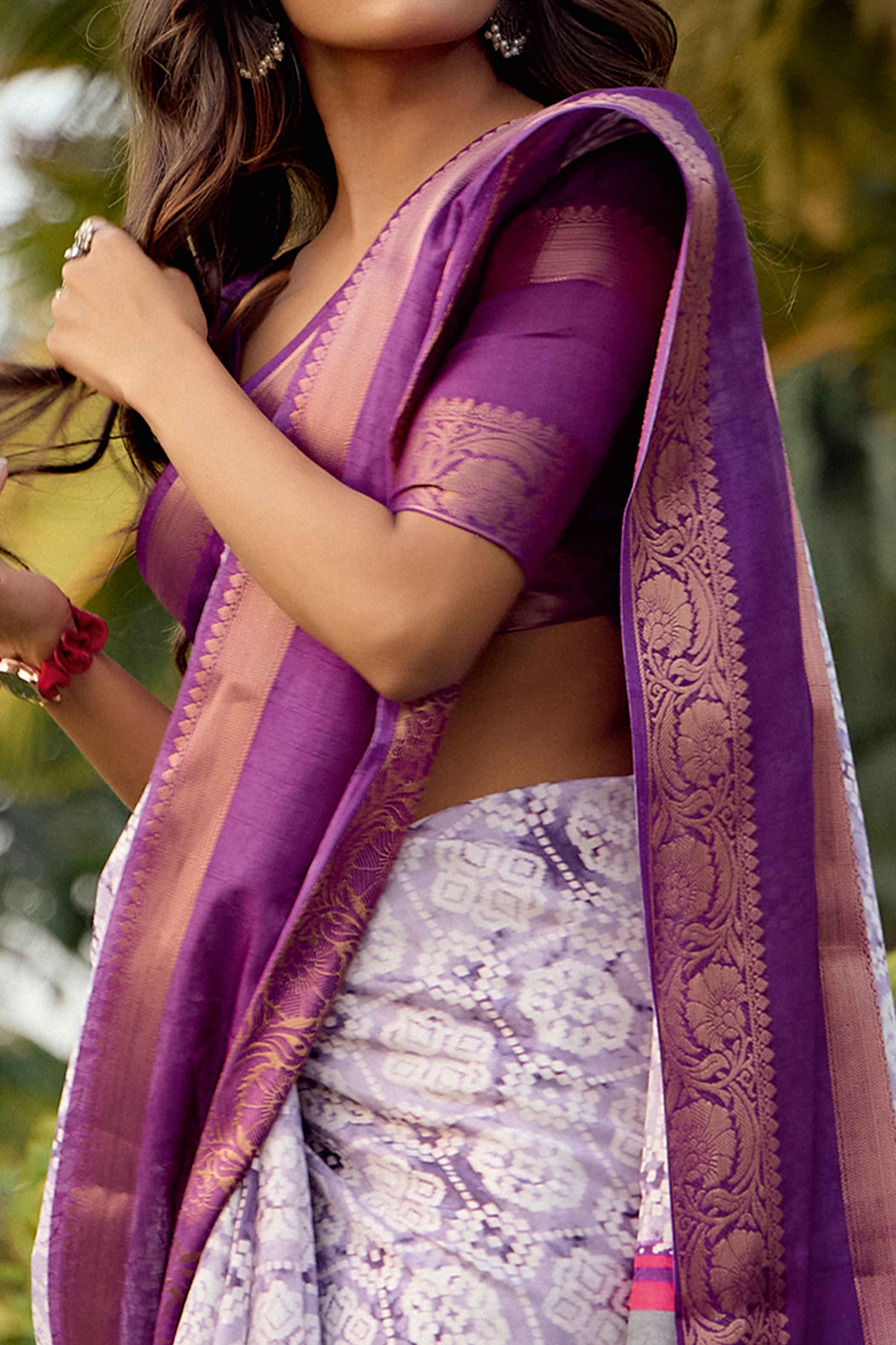 Light Purple Floral Printed Dola Silk Saree