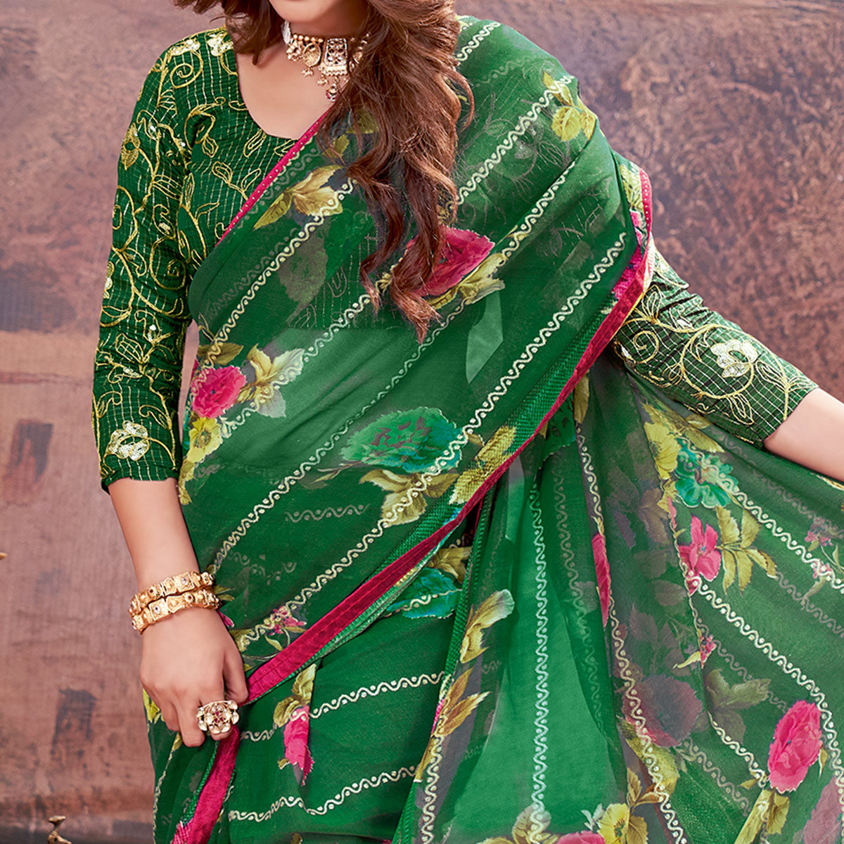 Green Floral Foil Printed Georgette Saree