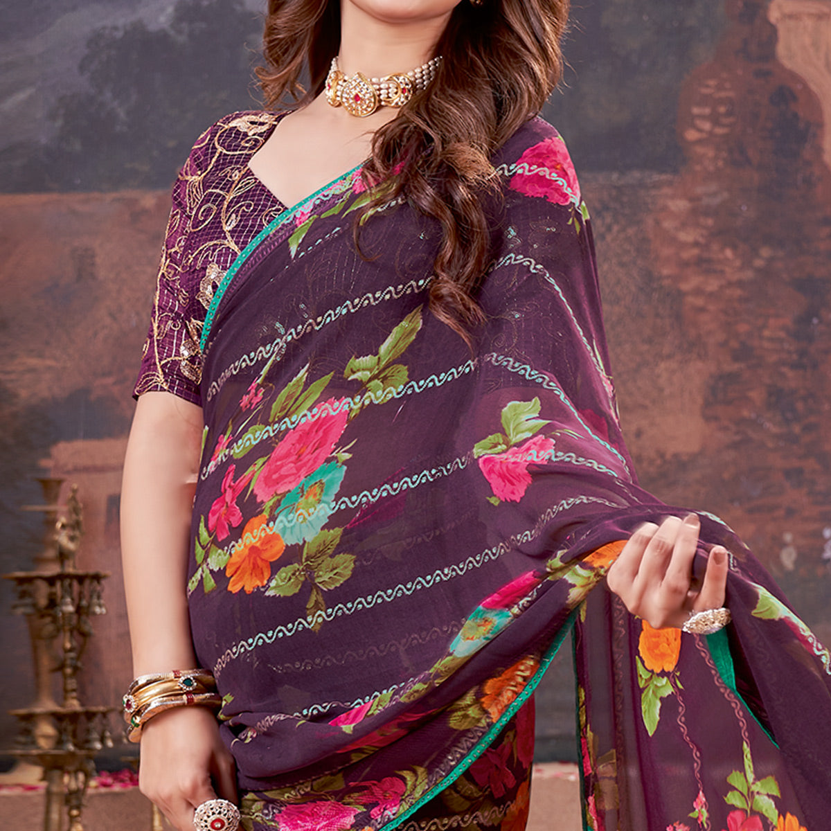 Purple Floral Foil Printed Georgette Saree