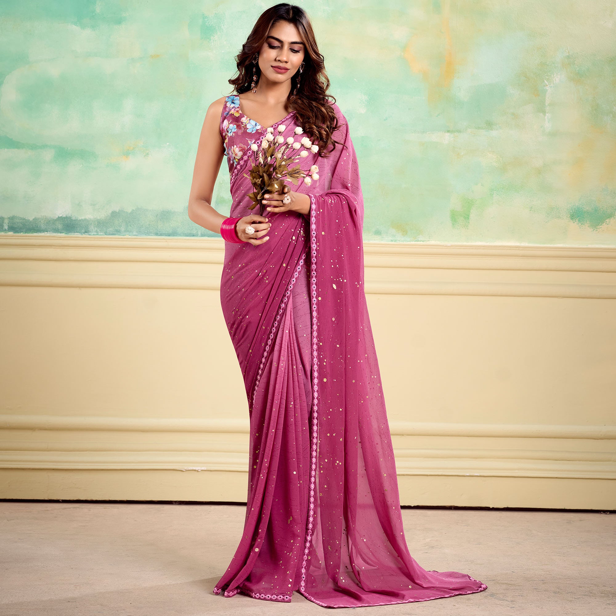 Pink Foil Printed Georgette Saree