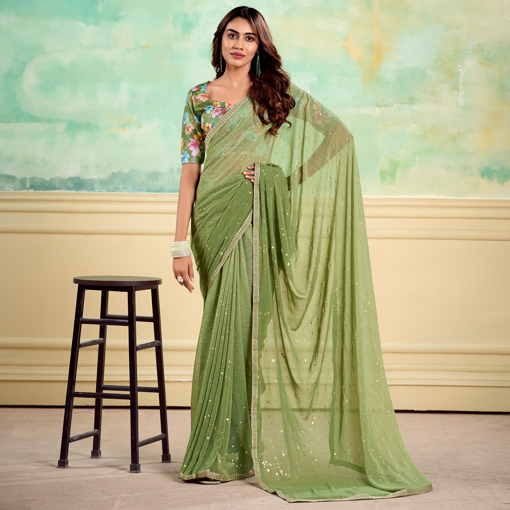 Green Foil Printed With Sequins Georgette Saree