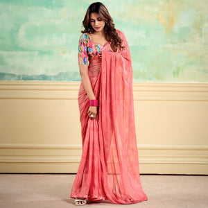 Peach Foil Printed With Sequins Georgette Saree