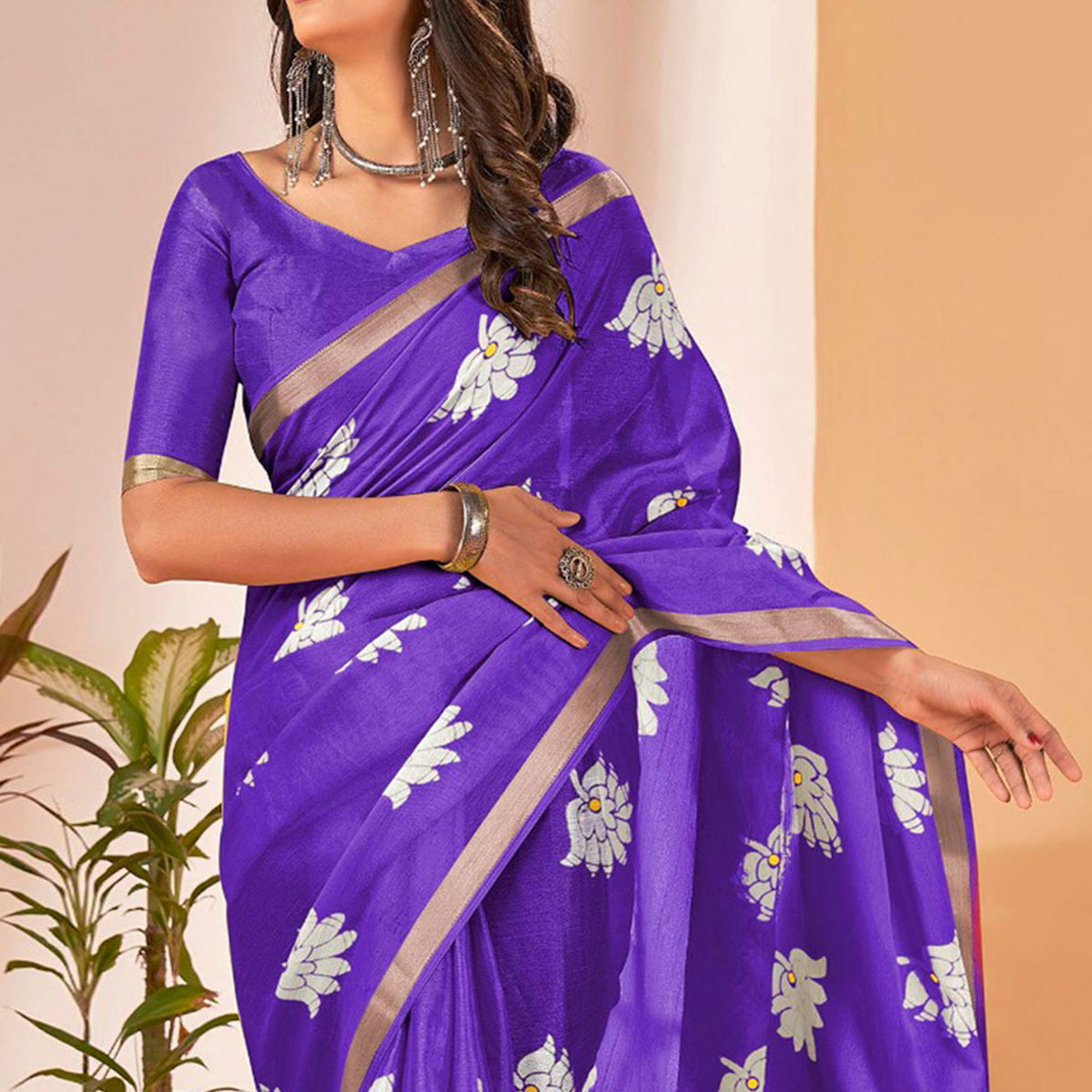 Purple Floral Printed Cotton Blend Saree With Tassels