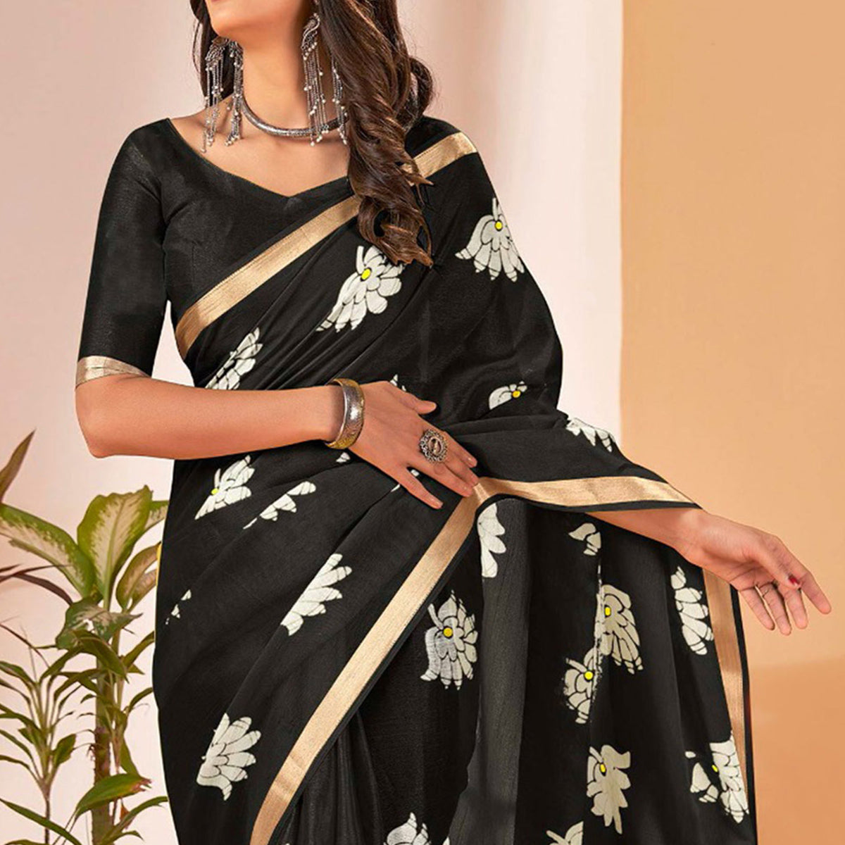 Black Floral Printed Cotton Blend Saree With Tassels