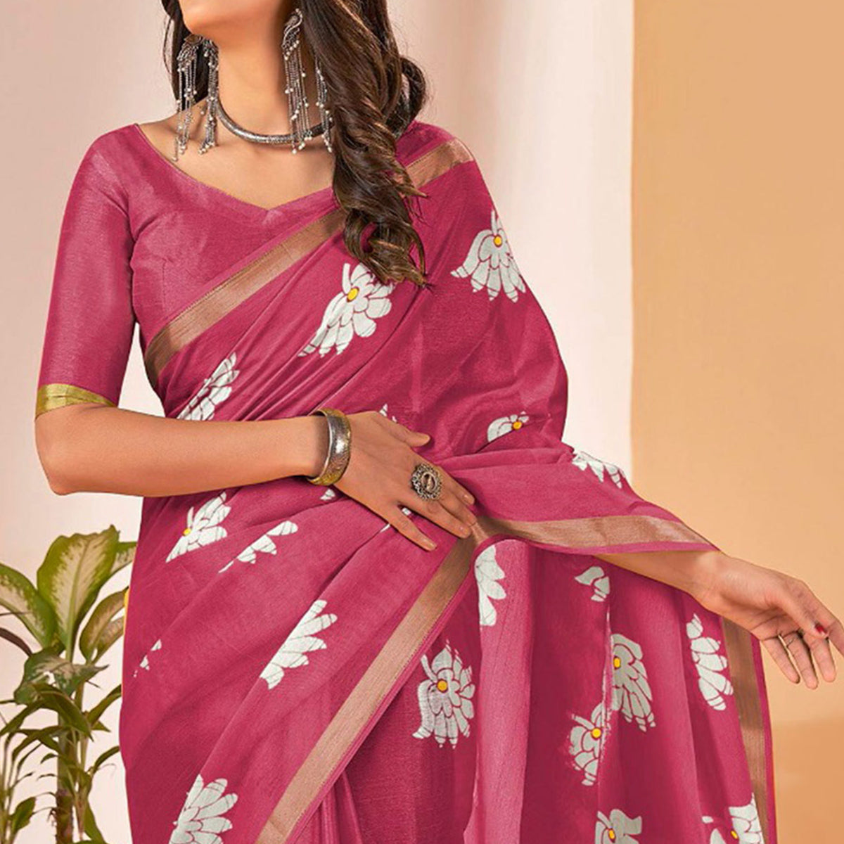 Pink Floral Printed Cotton Blend Saree With Tassels