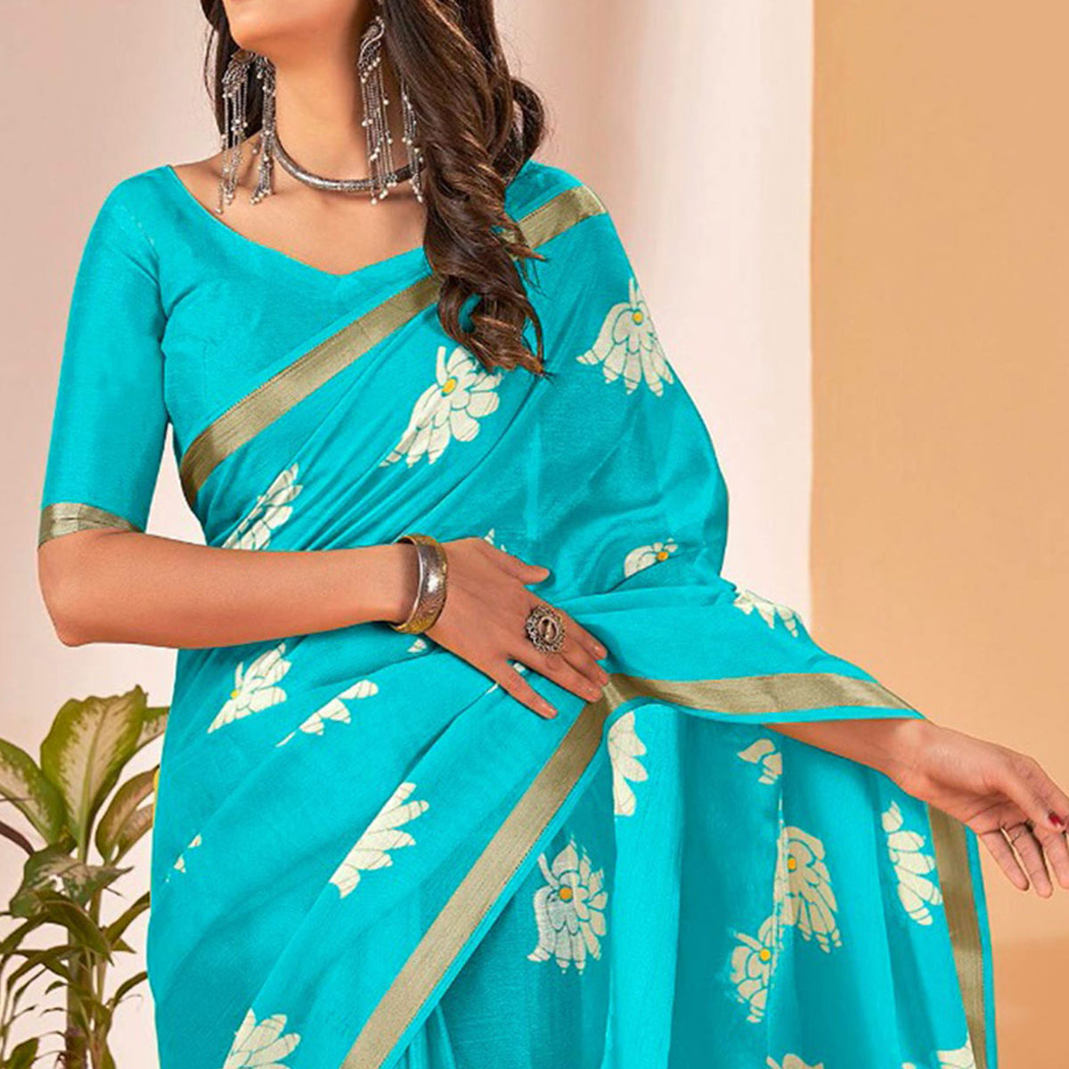 Turquoise Floral Printed Cotton Blend Saree With Tassels