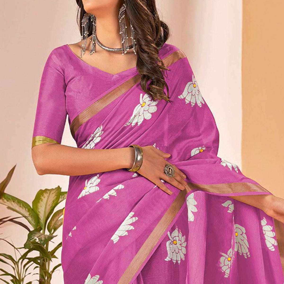 Pink Floral Printed Cotton Blend Saree With Tassels