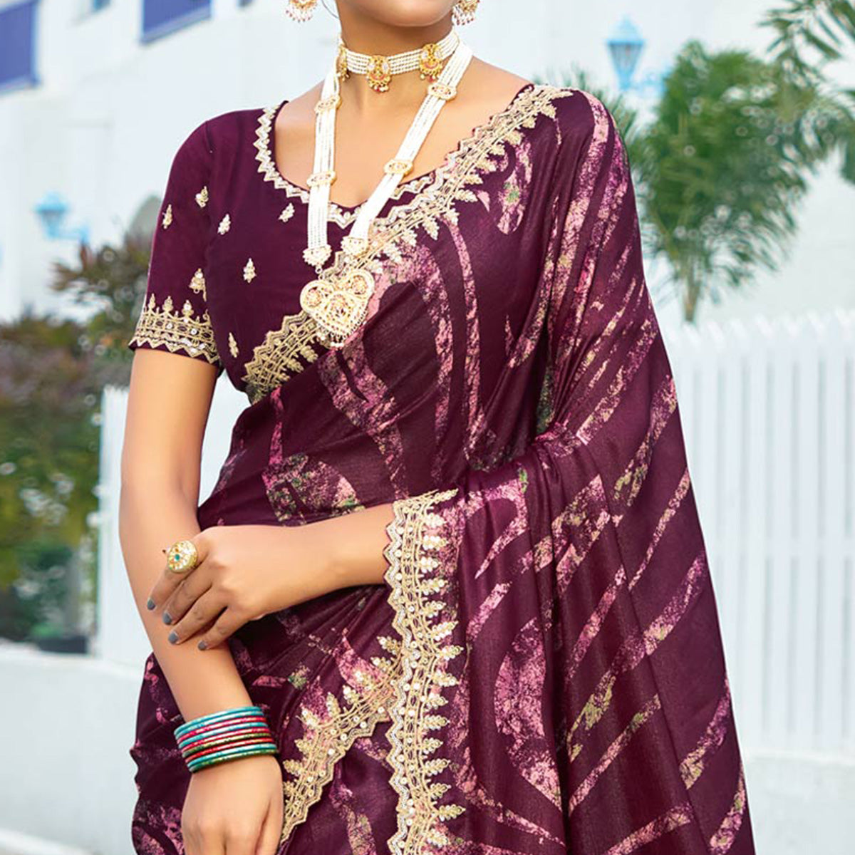 Wine Printed Chiffon Saree With Sequins Border