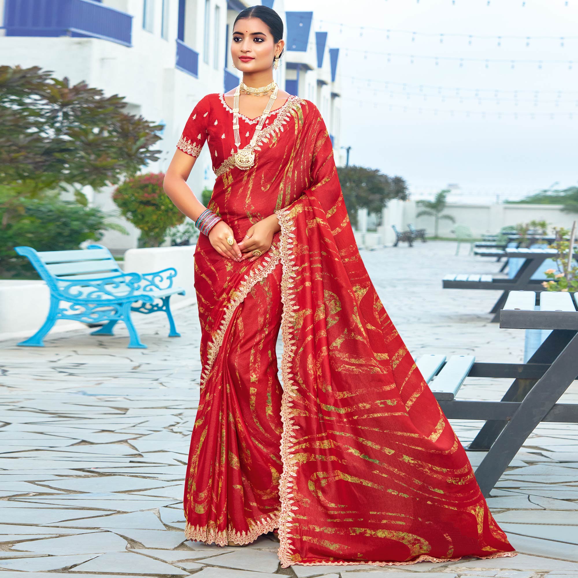 Red Printed Chiffon Saree With Sequins Border