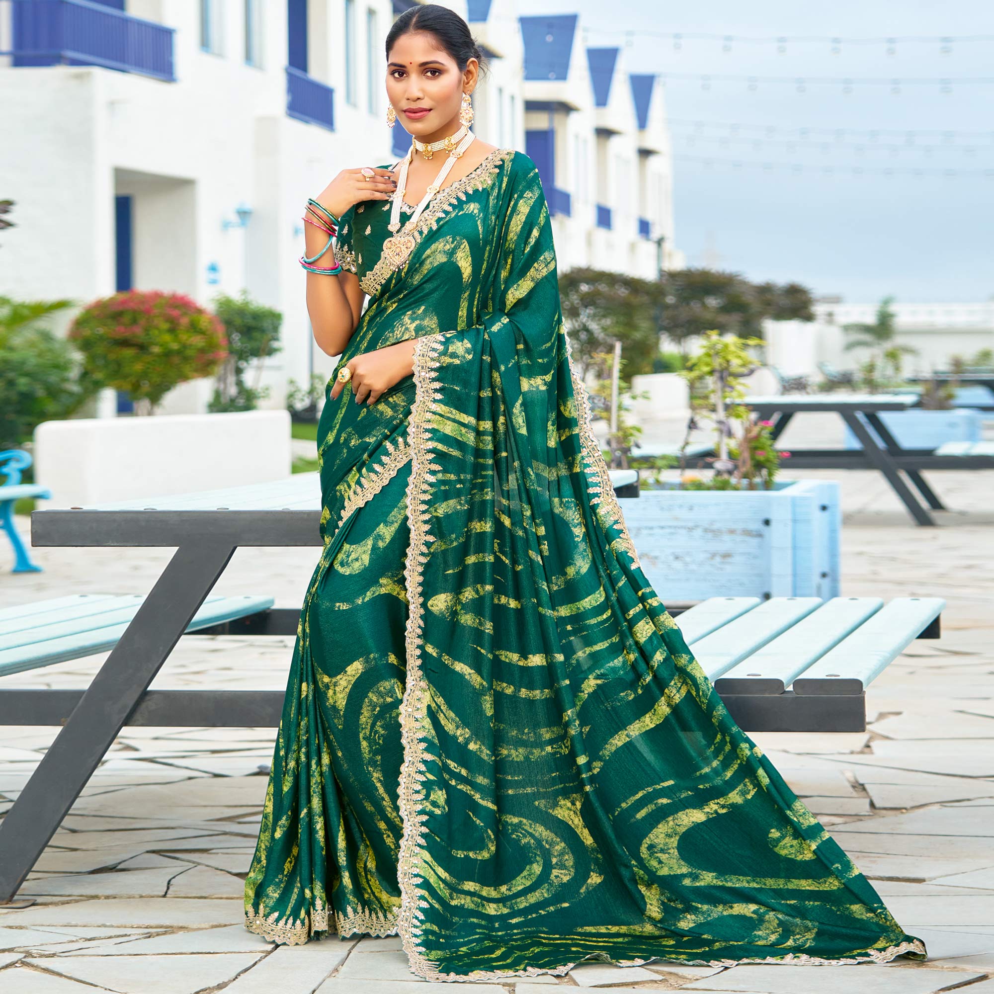 Green Printed Chiffon Saree With Sequins Border