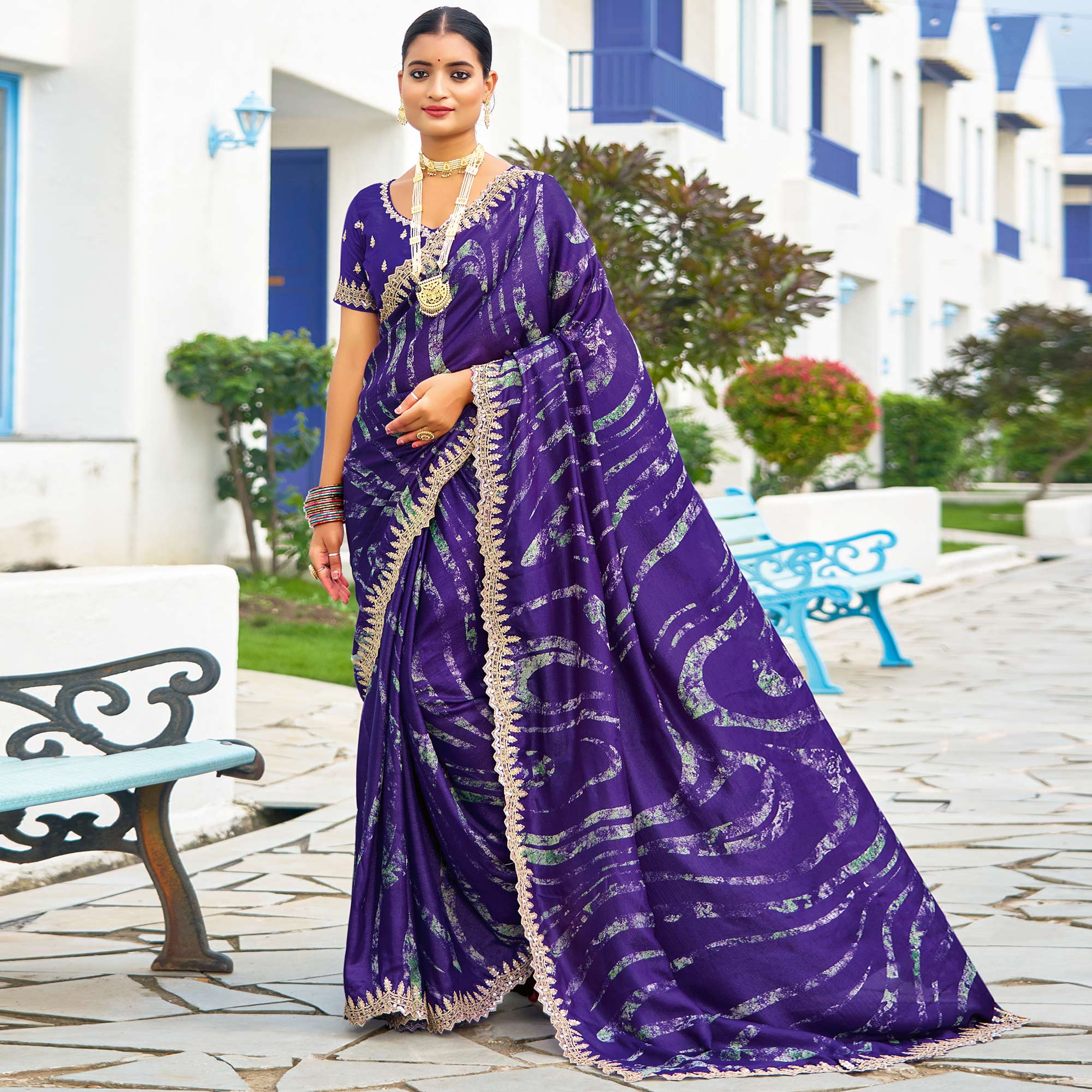 Violet Printed Chiffon Saree With Sequins Border