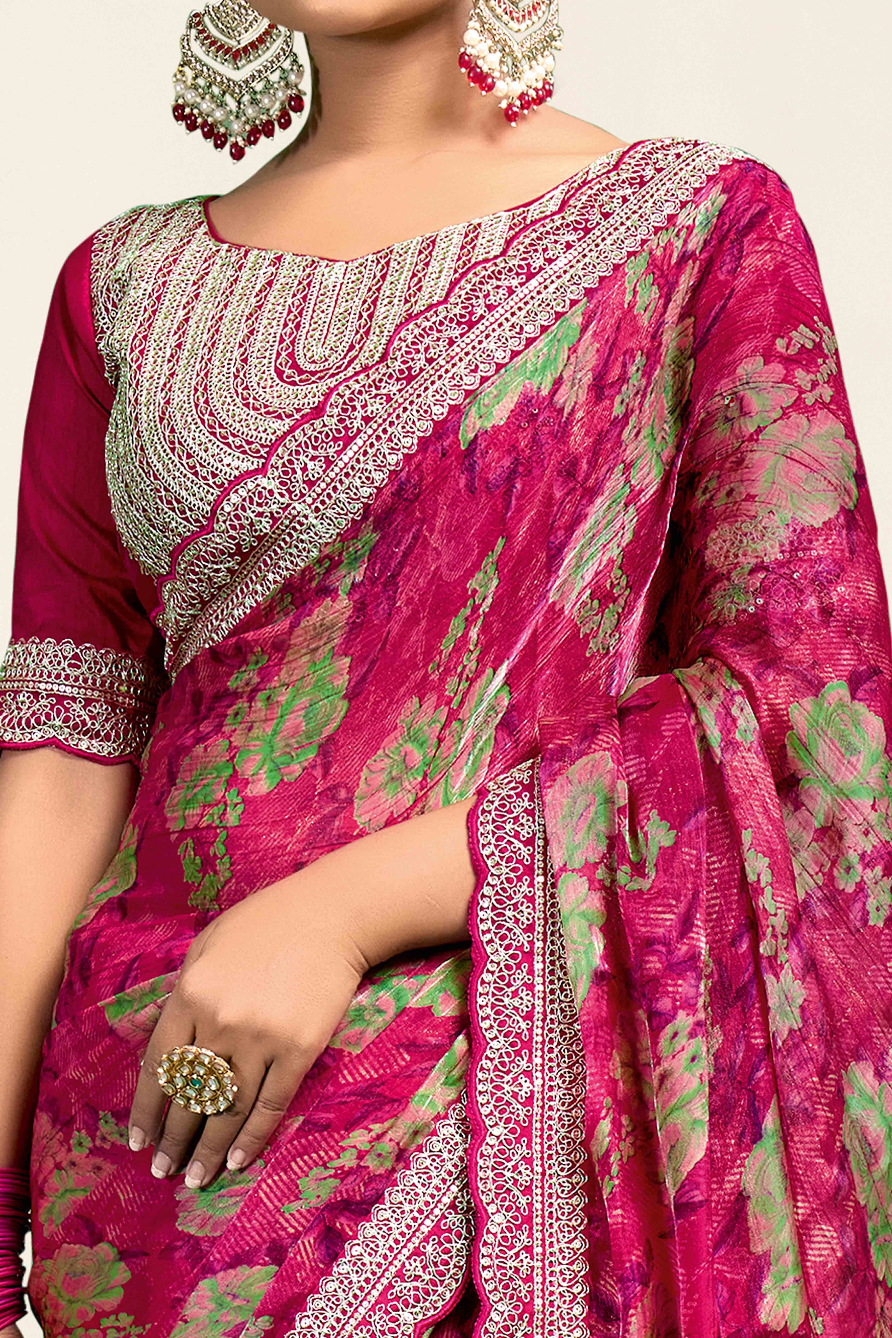 Pink Floral Printed Jimmy Choo Chiffon Saree With Embroidery On Border