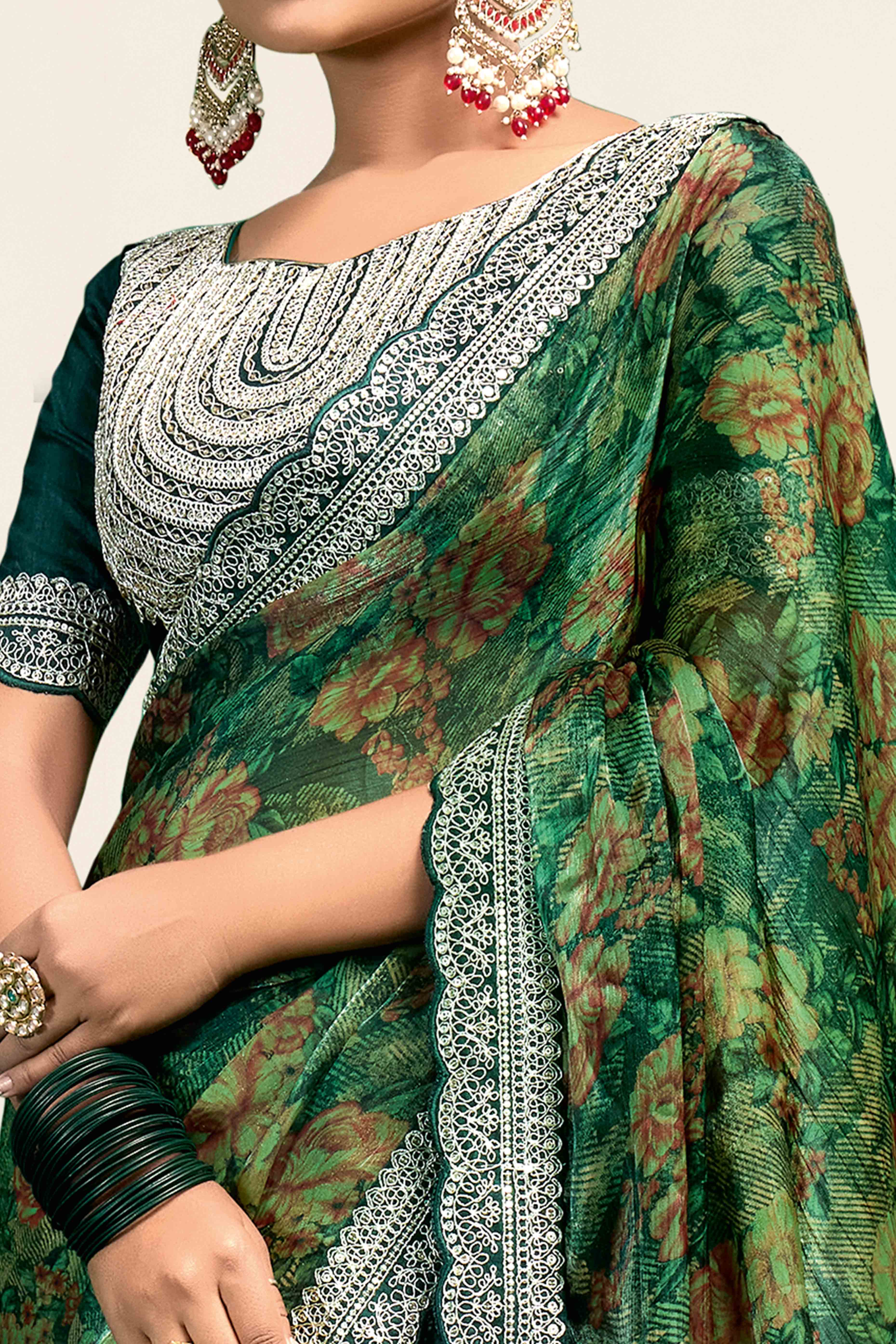 Green Floral Printed Jimmy Choo Chiffon Saree With Embroidery On Border