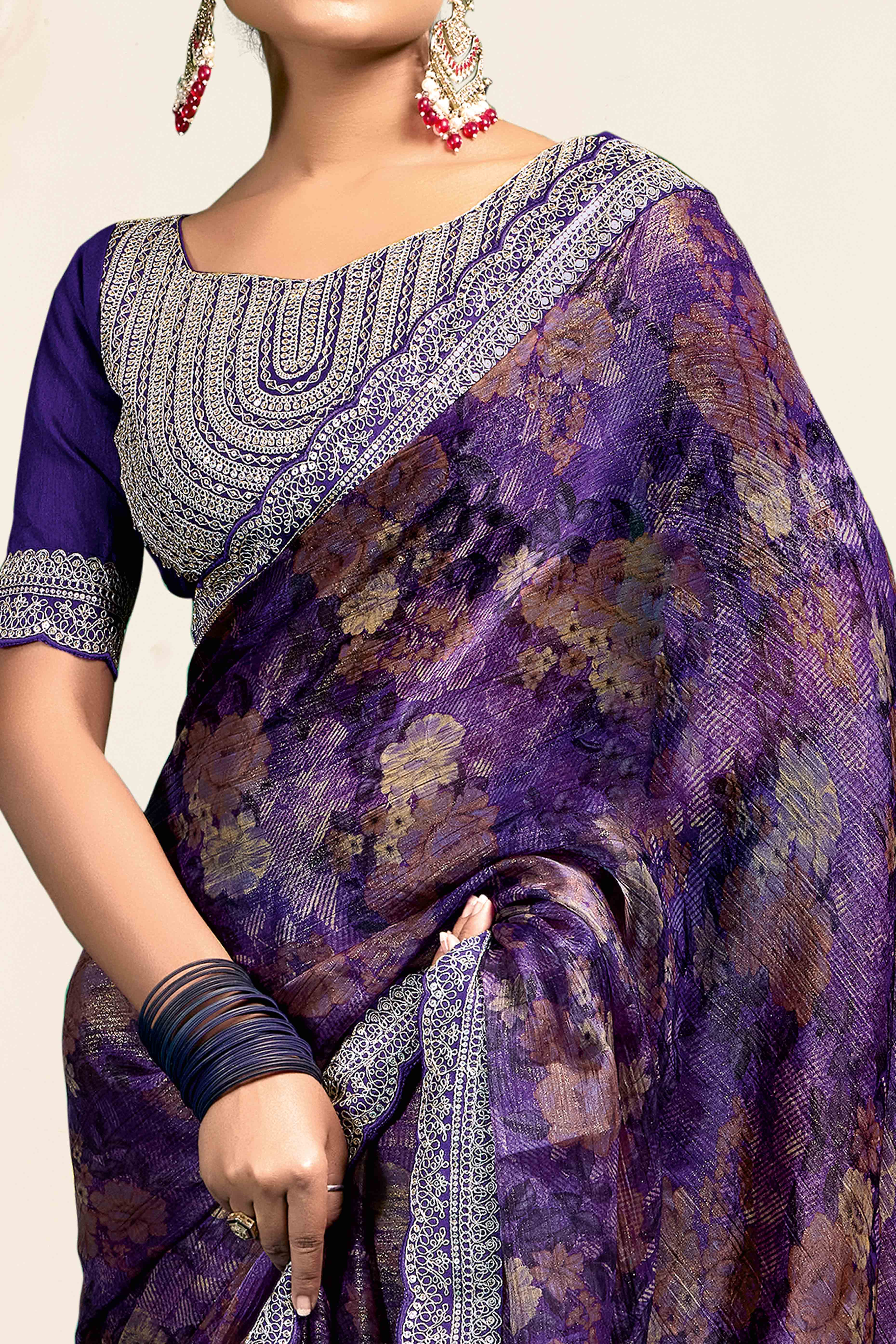 Purple Floral Printed Jimmy Choo Chiffon Saree With Embroidery On Border