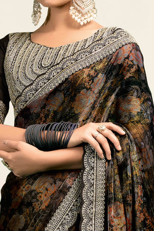 Black Floral Printed Jimmy Choo Chiffon Saree With Embroidery On Border