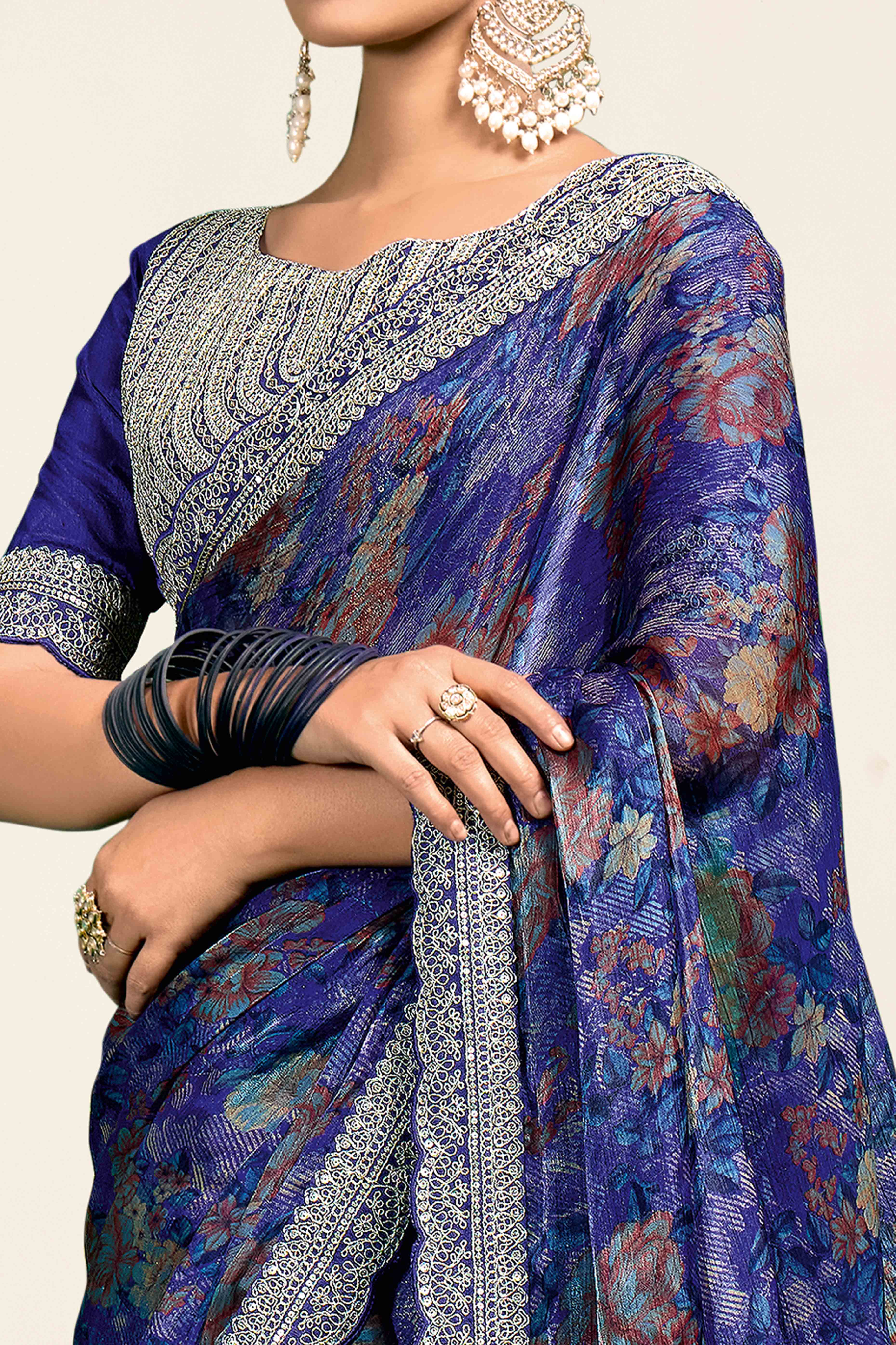 Blue Floral Printed Jimmy Choo Chiffon Saree With Embroidery On Border