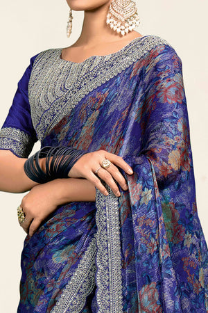 Blue Floral Printed Jimmy Choo Chiffon Saree With Embroidery On Border
