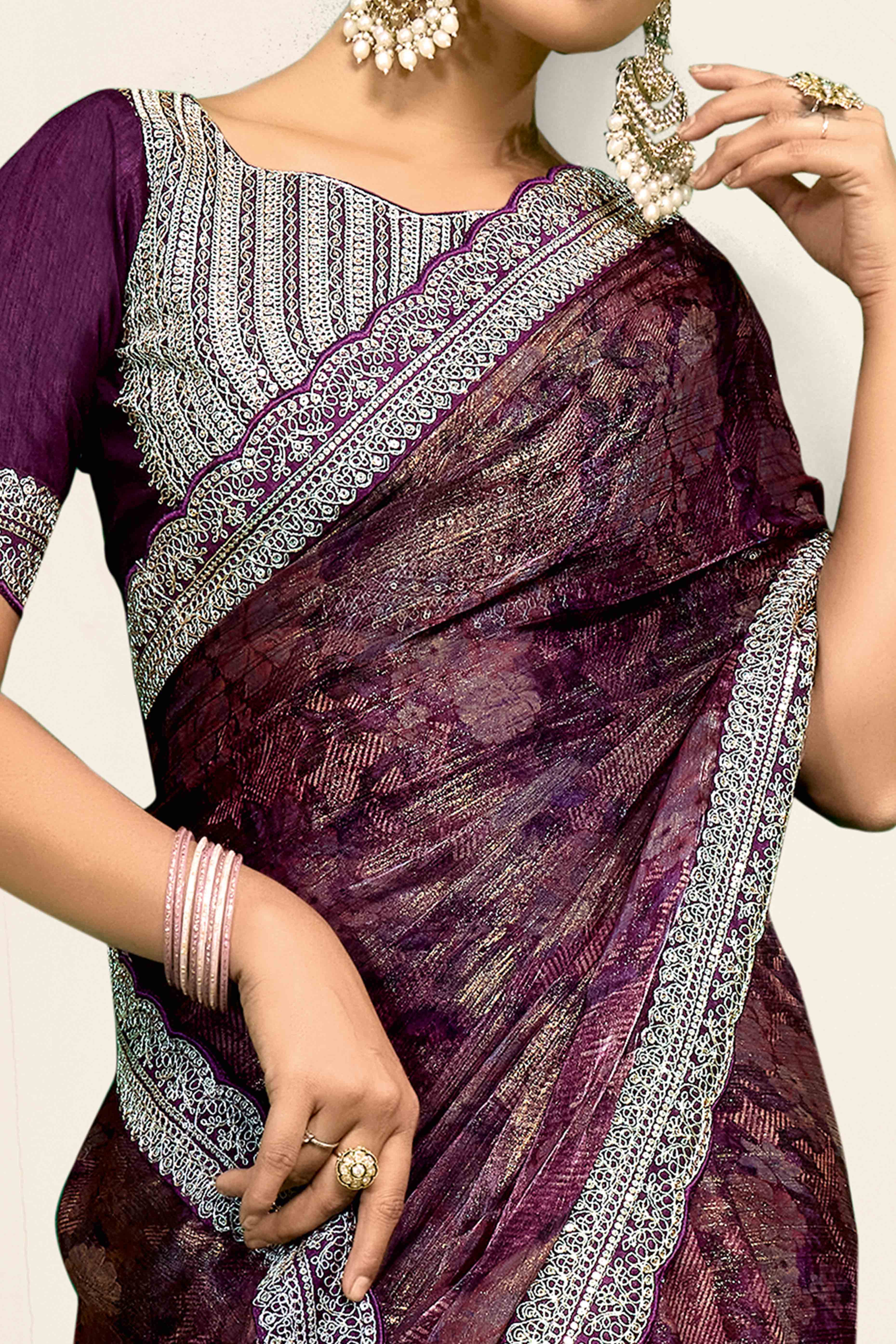 Wine Floral Printed Jimmy Choo Chiffon Saree With Embroidery On Border