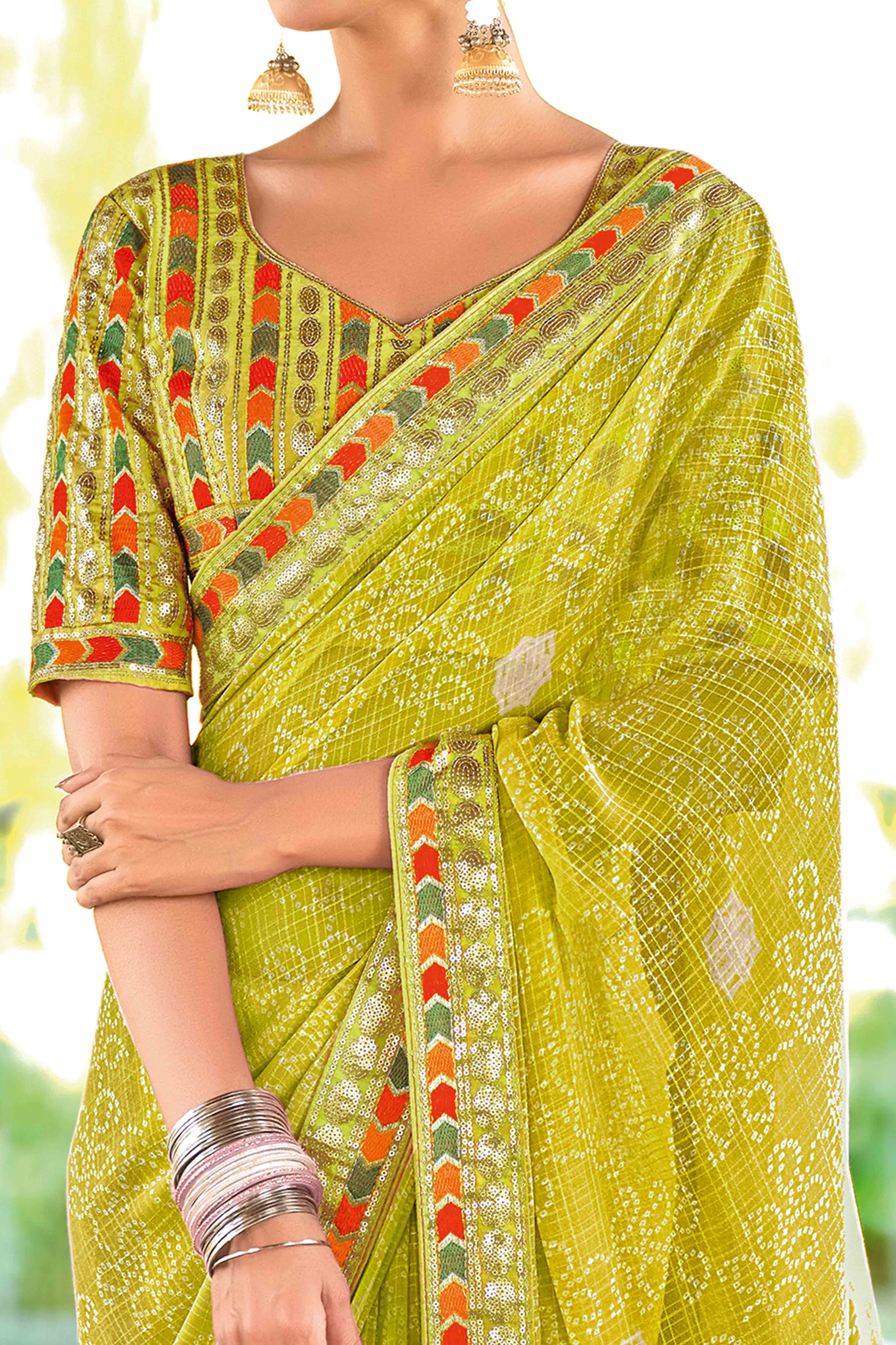 Green Bandhani Printed Georgette Saree With Glittering Sequin Embroidered Border