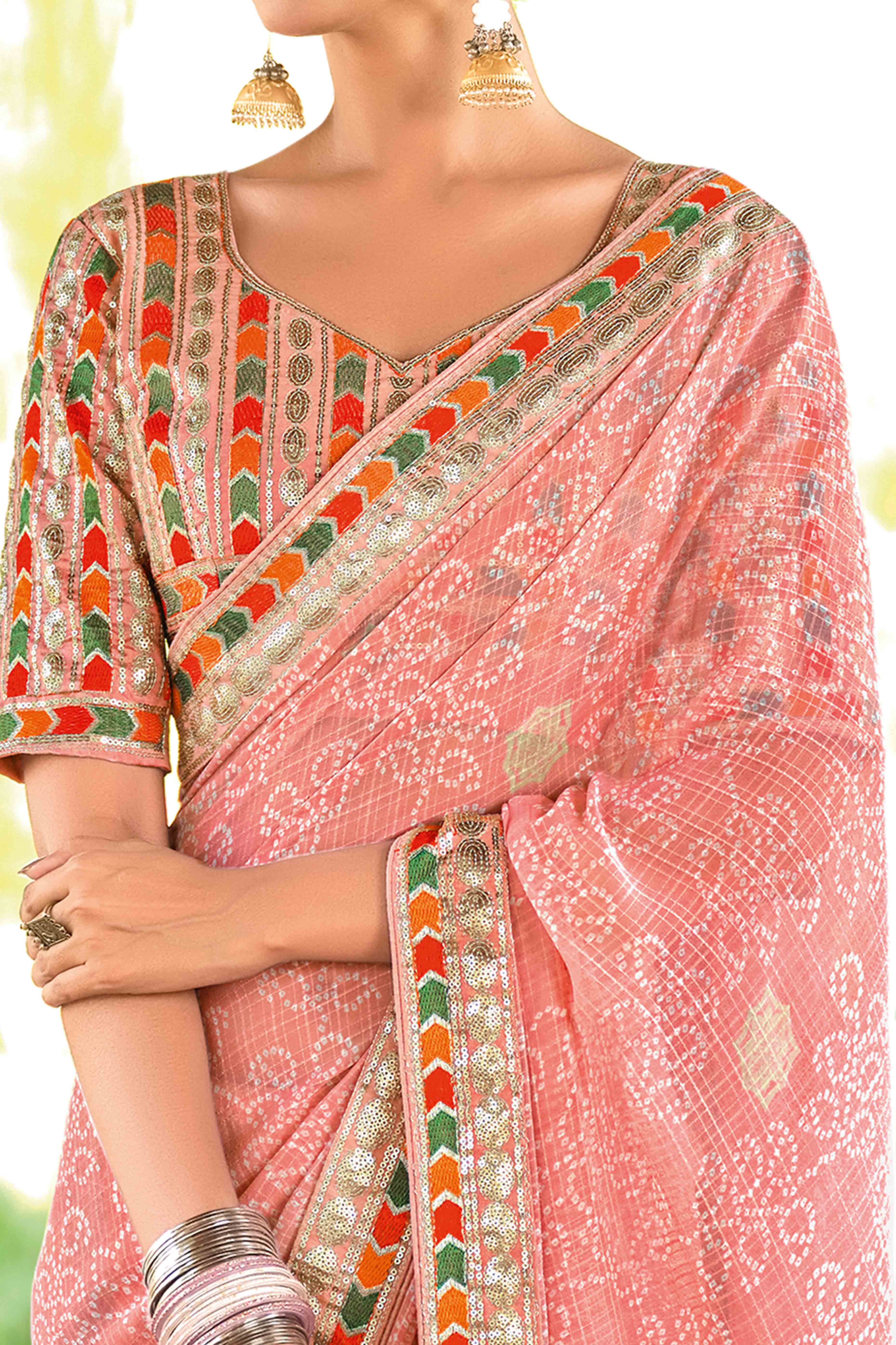 Peach Bandhani Printed Georgette Saree With Glittering Sequin Embroidered Border
