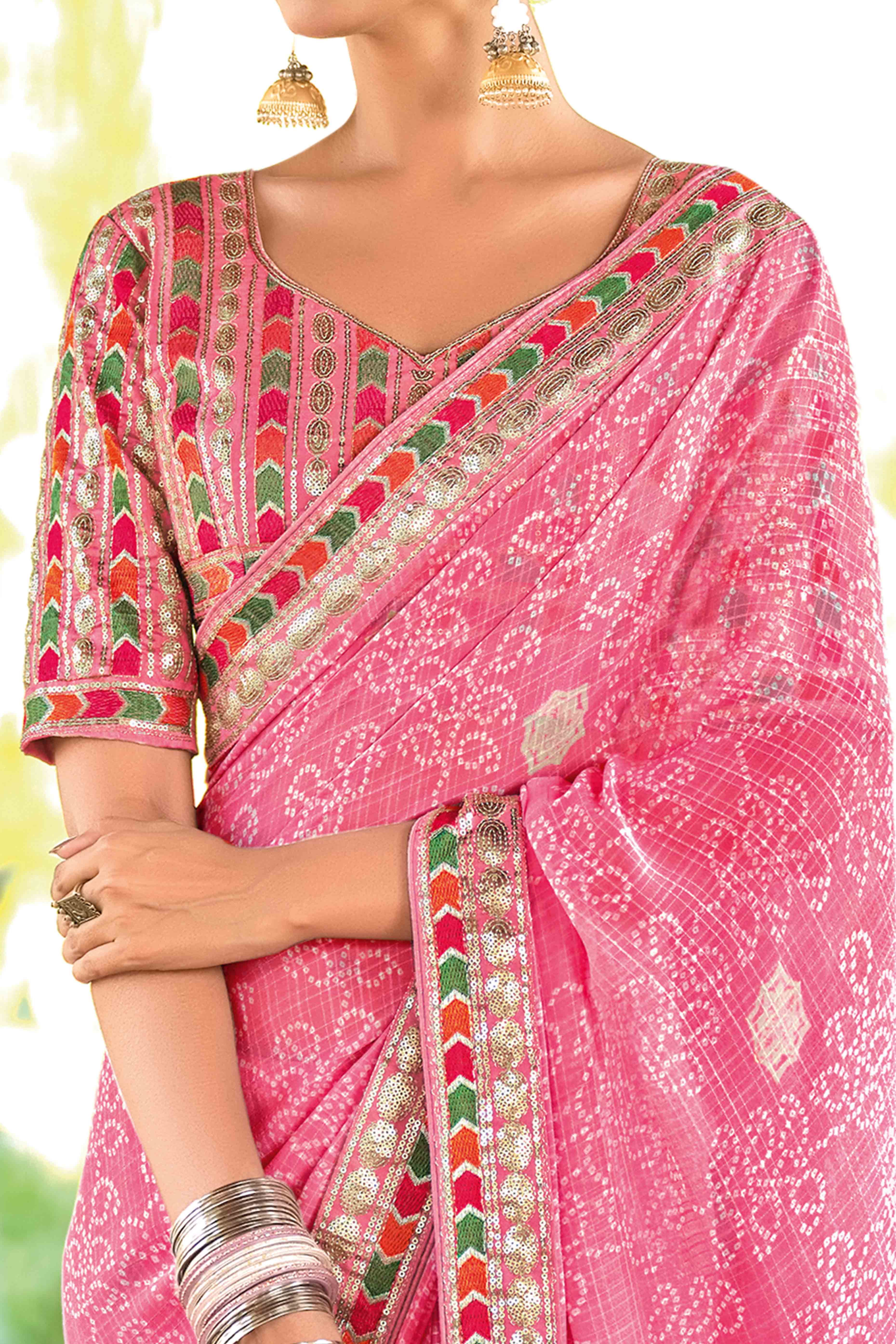 Pink Bandhani Printed Georgette Saree With Glittering Sequin Embroidered Border